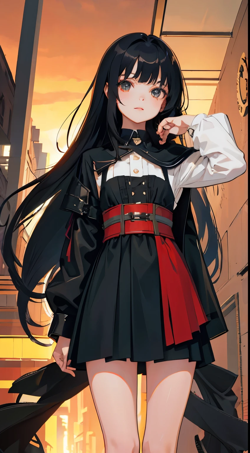 (short cute girl,small young student,young delicate girl),(masterpiece,Top quality),long black hair,steampunk
