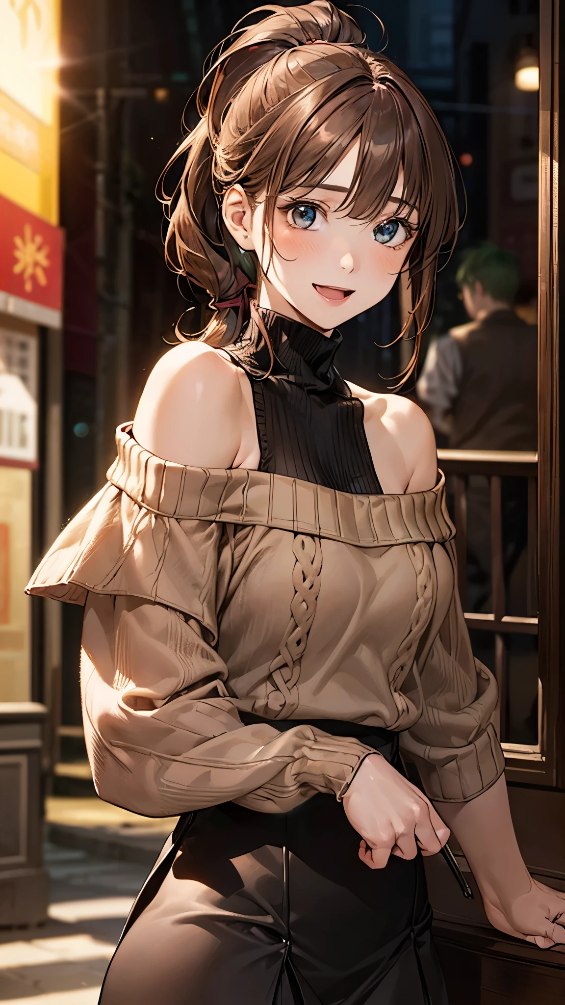 (masterpiece:1.2, top-quality), (realistic, photorealistic:1.4), beautiful illustration, (natural side lighting, movie lighting), 
looking away, (face focus, upper body, from below), 1 girl, japanese, high school girl, 14 years old, perfect face, perfect body, cute and symmetrical face, shiny skin, babyface, tiny, 
(short hair:1.5, (low ponytail):1.6, long sideburns, light brown hair), asymmetrical bangs, dark blue eyes, big eyes, drooping eyes, (middle breasts, seductive thighs, big ass), 
beautiful hair, beautiful face, beautiful detailed eyes, beautiful clavicle, beautiful body, beautiful chest, beautiful thigh, beautiful legs, beautiful fingers, 
(((off-shoulder long sleeve light brown sweater), sleeveless black turtleneck sweater, brown tight mini skirt, ), emerald green hair ribbon), 
(beautiful scenery), evening, (street), standing, (lovely smile, upper eyes, open mouth), 