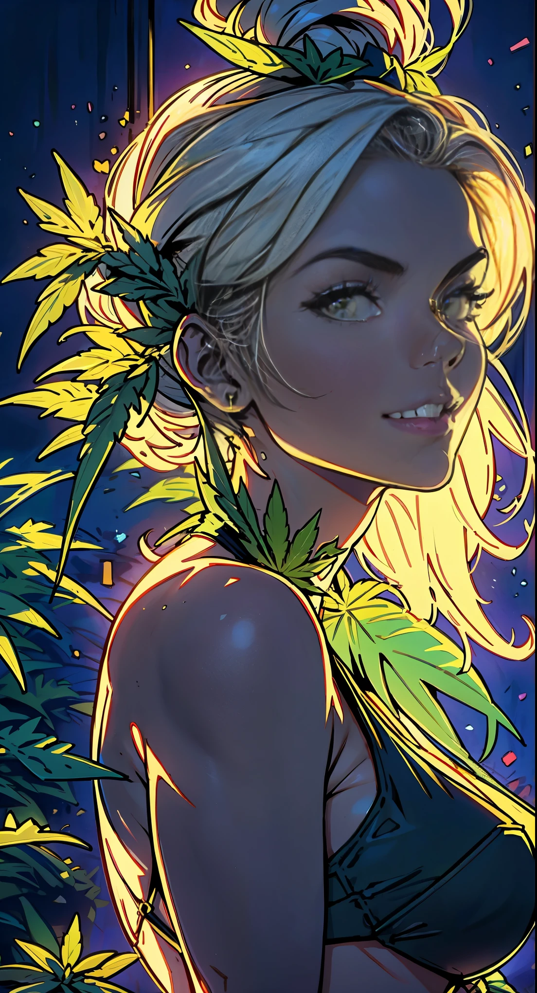 A closeup of a woman with a Neon marijuana leaf on her head, personification of marijuana, Jen Bartel, maconha!, Tema Maconha, in illustration style digital, inspirado por Mary Jane Begin, extremely high quality artwork, matte digital illustration, Maria Jane, asymmetrical marijuana, maconha, Arte Digital. @mariomaniacdude, erva daninha, paranoia da cannabis
