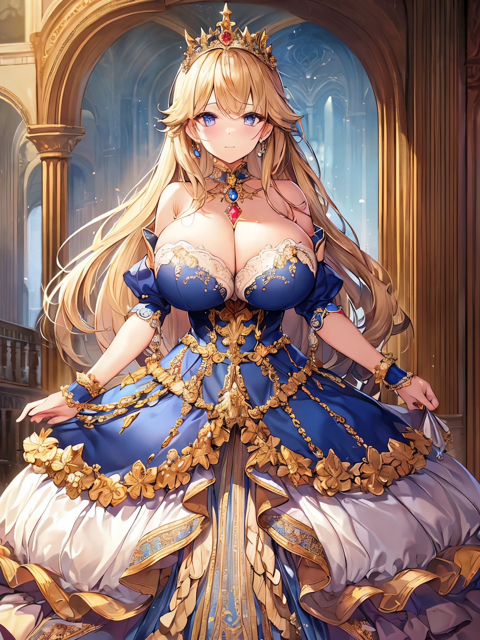 anime artstyle,Masterpiece,Best Quality,Super Detail,Very Delicate and Beautiful,Solo,full body,full body portrait,((1 princess in a jeweled rococo ballgown with beautiful embroidery)),(((very gigantic tits))),cleavage,Skindentation,((fantasy castle,outdoor)),((crinoline,long train)),super detailed gorgeous princess ballgown with voluminous full length hoop skirt,gorgeous princess rococo ballgown with long train,gorgeous princess rococo ballgown with beautiful embroidery and jeweled,(detailed face and eyes),jewel-like eyes,((extremely voluminous straight Hair,Extremely Long Straight Hair)),extremely gorgeousfull hair ornament,(bling-bling extremely gorgeousfull jeweled tiara),luxurious jewelry,((super detailed gorgeous princess rococo ballgown with voluminous full length hoop skirt)),full body