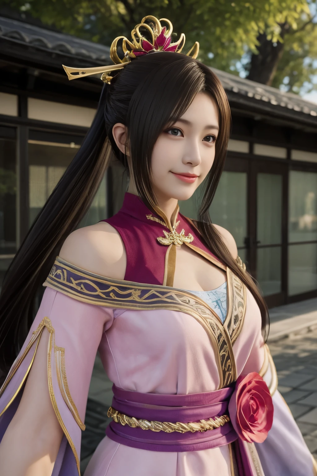 Diaochan from Sangoku Musou 8,Super realistic,hair ornaments,Perfect Diaochan costume,twin tails、masterpiece、1 cute girl、17 year old high school student、smile,fine eyes、puffy eyes、bright outdoors,Bright downtown、highest quality, 超High resolution, (reality: 1.4), movie lighting、Japanese、asian beauty、Korean、super beautiful、beautiful skin、body facing forward、whole body,Upper body、(超reality的な)、(High resolution)、(8k)、(very detailed)、(美しくfine eyes)、(Super detailed)、 (wall-)、detailed face、bright lighting、professional lighting、looking at the viewer、look straight ahead、slanted bangs、brown hair、Nogizaka Idol、