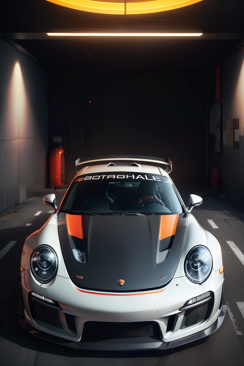 In the heart of a futuristic spaceship, the Porsche 911 GT3 RS, noted for its iconic design and powerful engine, gleams with a glowing effect. Its sleek lines and meticulously crafted details are accentuated by the cinematic lighting within the spacecraft, casting long, dramatic shadows on the high-res, ultra-realistic walls. Neon lighting from the background adds an extra layer of vibrancy, enhancing the 8k, high-definition visual experience. The high-details of the Porsche's engine and body are illuminated, making every crease and curve stand out in stunning clarity.