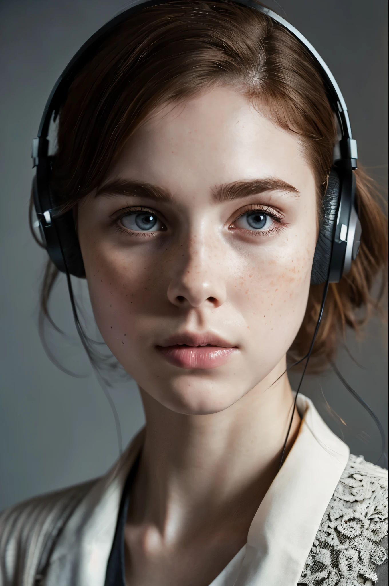stunning 19 years old woman (mix of Sophia Lillis and ellen page) with headphones, freckles on her face and a black background, highly detailed vfx portrait, ultrarealistic uhd faces, highly detailed vfx portrait of, ultra detailed portrait, ultra - realistic faces, hyper realistic faces, 4k symmetrical portrait, evan rachel wood, 24mm, 4 k symmetrical portrait, soft portrait shot 8 k, accurate ultra realistic faces, hyperrealistic faces, soft cinematic light, adobe lightroom, photolab, hdr, intricate, elegant, highly detailed, sharp focus, ((((cinematic look)))), soothing tones, insane details, intricate details, hyperdetailed, low contrast, soft cinematic light, dim color, exposure blend, hdr, faded, slate gray atmosphere, (intricate details:1. 12), hdr, (intricate details, hyperdetailed:1. 15)