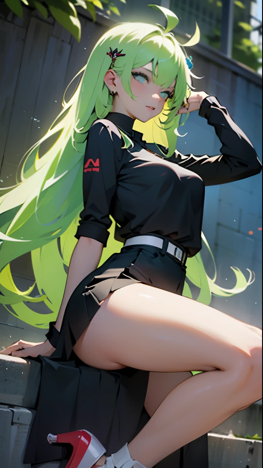 score_9, score_8_up, score_7_up, score_6_up, score_5_up, score_4_up, BREAK 1girl, light green tentacle hair, dark skin, thick lips, long eyelashes, stern expression, standing, blunt bangs, adult, BREAK solo, large breasts, adult, skinny, arched back, thigh gap, wearing nurse outfit, BREAK (office background:1.2), simple background, innocent, lovely, adorable, dynamic pose