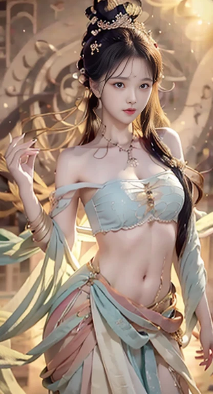 Bust photo, a beautiful woman, messy hair, girly, symmetrical bun, hair accessories, jewelry, delicate face, navel, belly, Dunhuang style, a lot of streamers, delicate skin, soft light effects, delicate and smooth hair, delicate details, eye highlights, fair skin, fine portrayal, extreme details, cinematic quality, thin, slender, broken, hair details, thin bangs, shawl hair, right body, shadow, air bangs, 8K, super fine, fine fabric texture, soft, supple, Smooth texture, Dunhuang style, delicate pattern, correct hand painting, smile, tsurime, Surrealism, ray tracing, UHD, high details, super detail, highres, 8k, high quality, high details, textured skin, ccurate