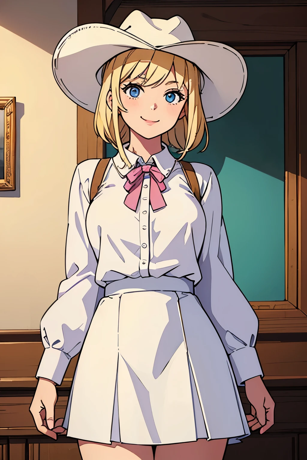 (Best quality:1.1), (Masterpiece:1.4), (Illustration fantastique:1.2), 1fille, cute girl, cowgirl, White shirt, short skirt, Blond hair, cowboy hat, Wide smile, cowboy 