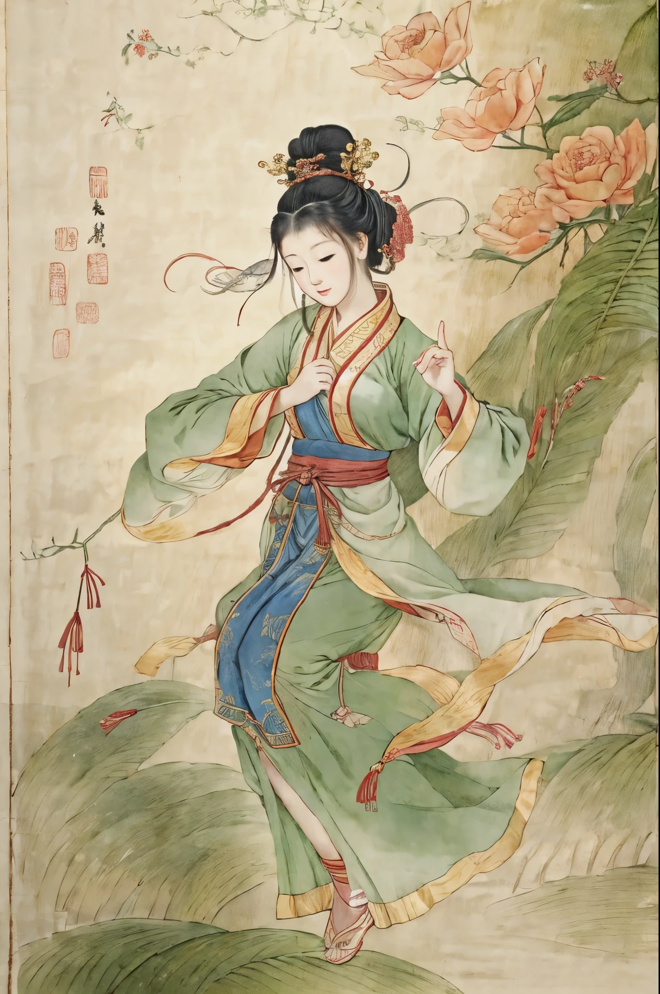 Chinese ancient style，ancient paintings，dancer，clean background，best quality，