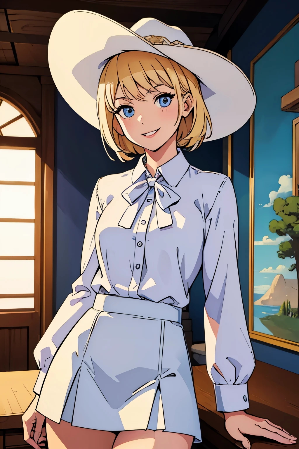 (Best quality:1.1), (Masterpiece:1.4), (Illustration fantastique:1.2), 1fille, cute girl, cowgirl, White shirt, short skirt, Blond hair, cowboy hat, Wide smile, cowboy 
