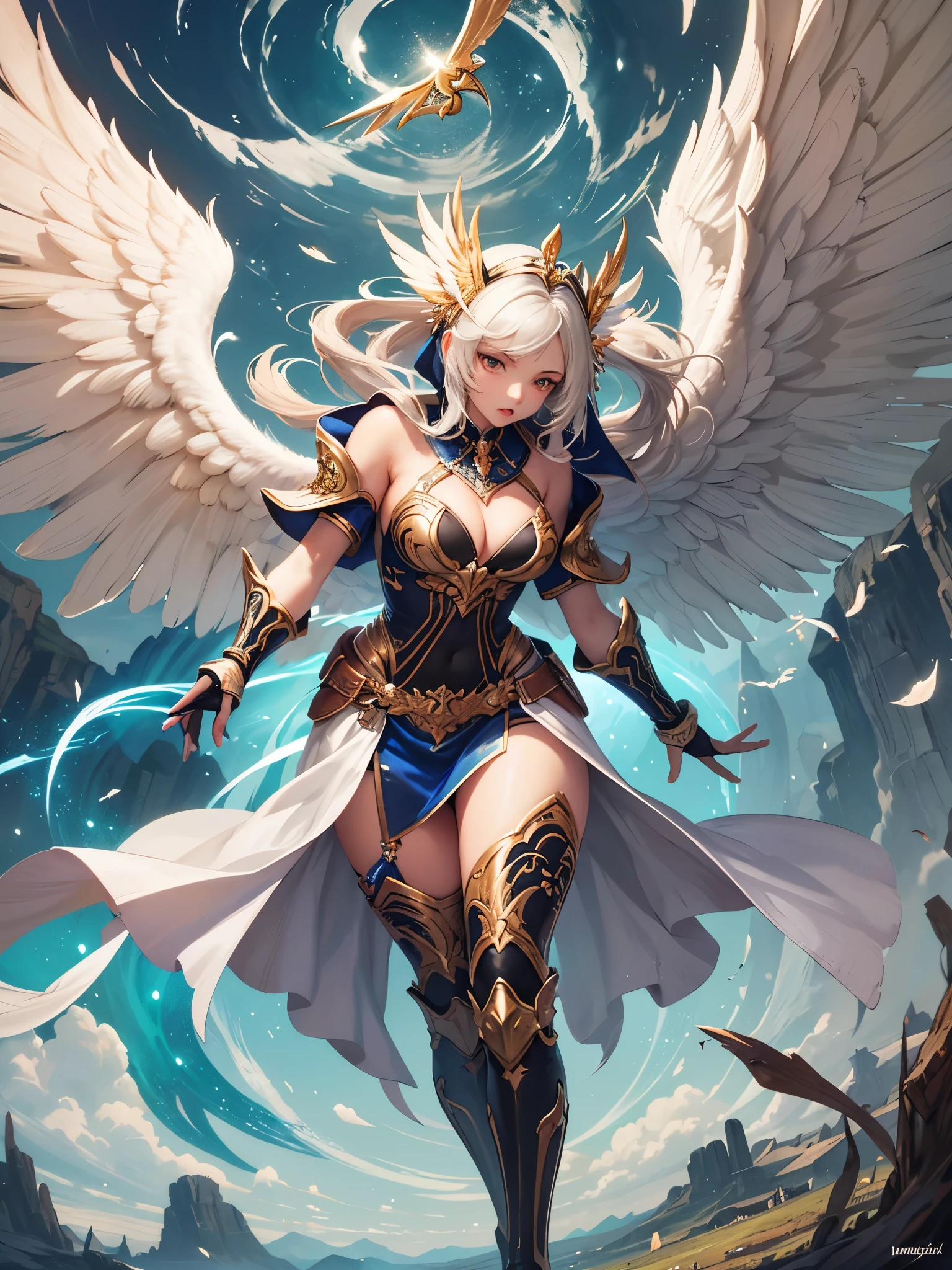 ((highest quality)),(ultra high resolution),(Super detailed),(detailed description),((best CG)),(best work of art),super precision art,amazing drawing art,(Fantasy art with precise details:1.5), (angel of battle:1.6),elaborately crafted weapons:1.8,