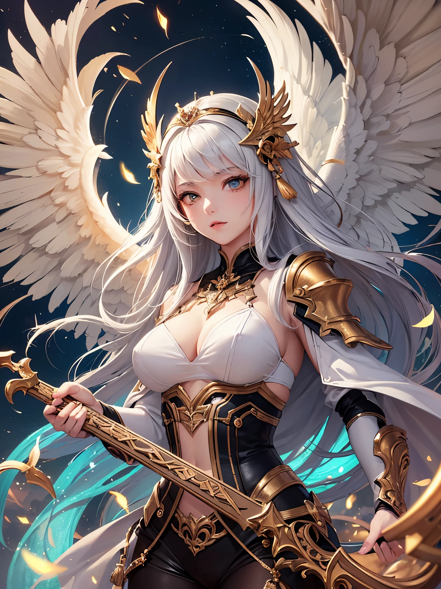 ((highest quality)),(ultra high resolution),(Super detailed),(detailed description),((best CG)),(best work of art),super precision art,amazing drawing art,(Fantasy art with precise details:1.5), (angel of battle:1.6),elaborately crafted weapons:1.8,