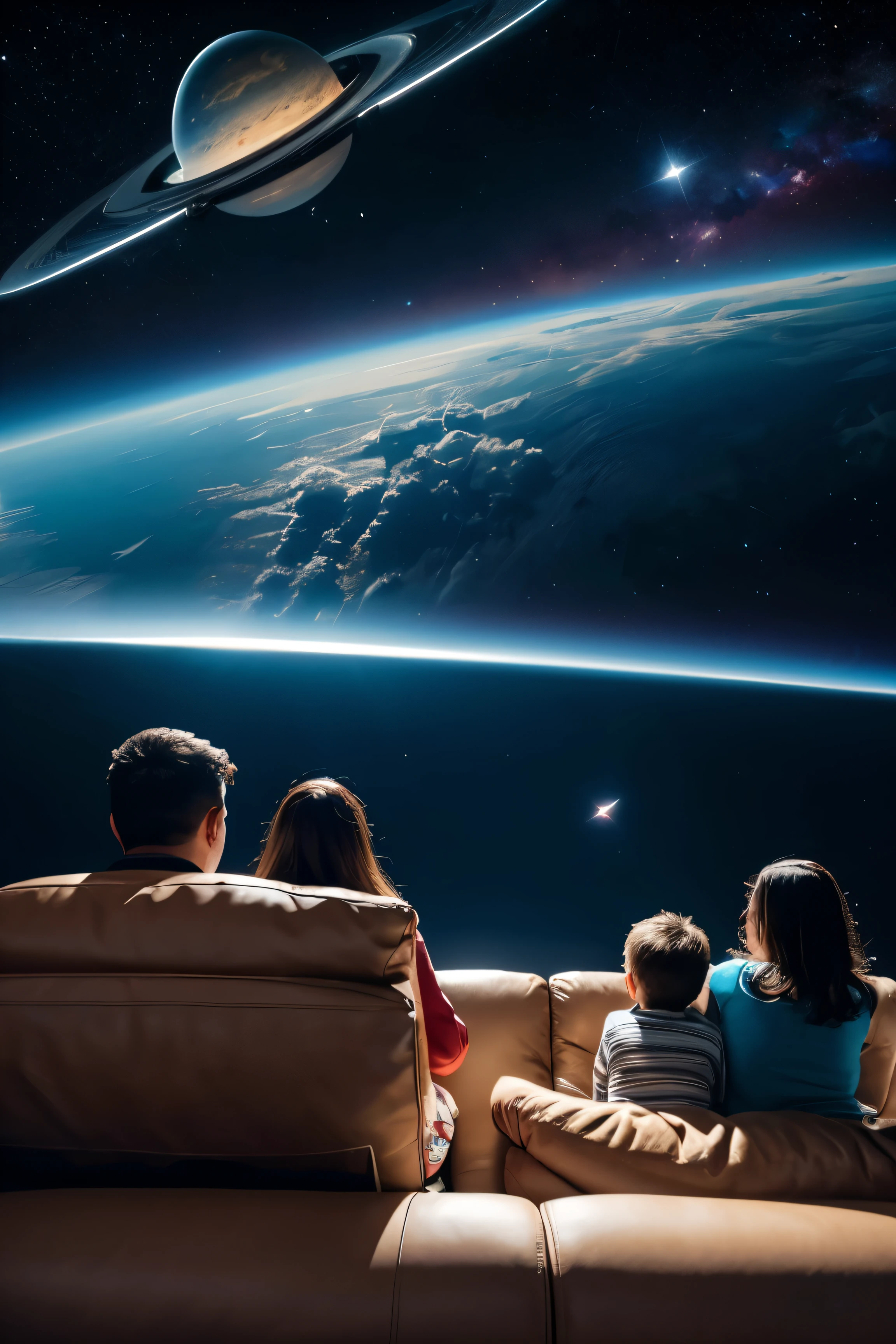 family on sofa on back view ,flying sofa in space ,sofa in cosmos, a family sit on the sofa ,family watch in cosmos, the sofa is on back view, sofa in space ,realistic bodies, 8k,