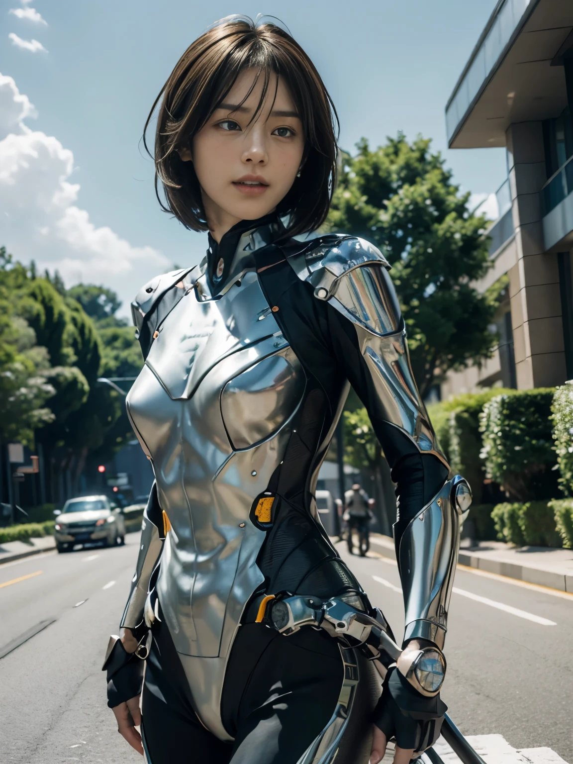 (((A woman with a mechanized body))), dynamic podium: 1.3), (realistic:1.5), (realistic:1.4), 8k, Super detailed beautiful girl, 1 girl, (a sunny day:1.5), intricate body details, (short: 1.3), (highest quality: 1.0), (Super high sharpness: 1.0), (thin hair:1.4),(Beautiful and delicate depiction of eyes),((((ride a motorcycle)))),unreal engine:1.4,photorealistic:1.4, skin texture:1.4, masterpiece:1.8,highest quality at best,(Wearing the communication headset、future city、((cybernetics))、green、Metal fingers、long limbs、((gear in joint))