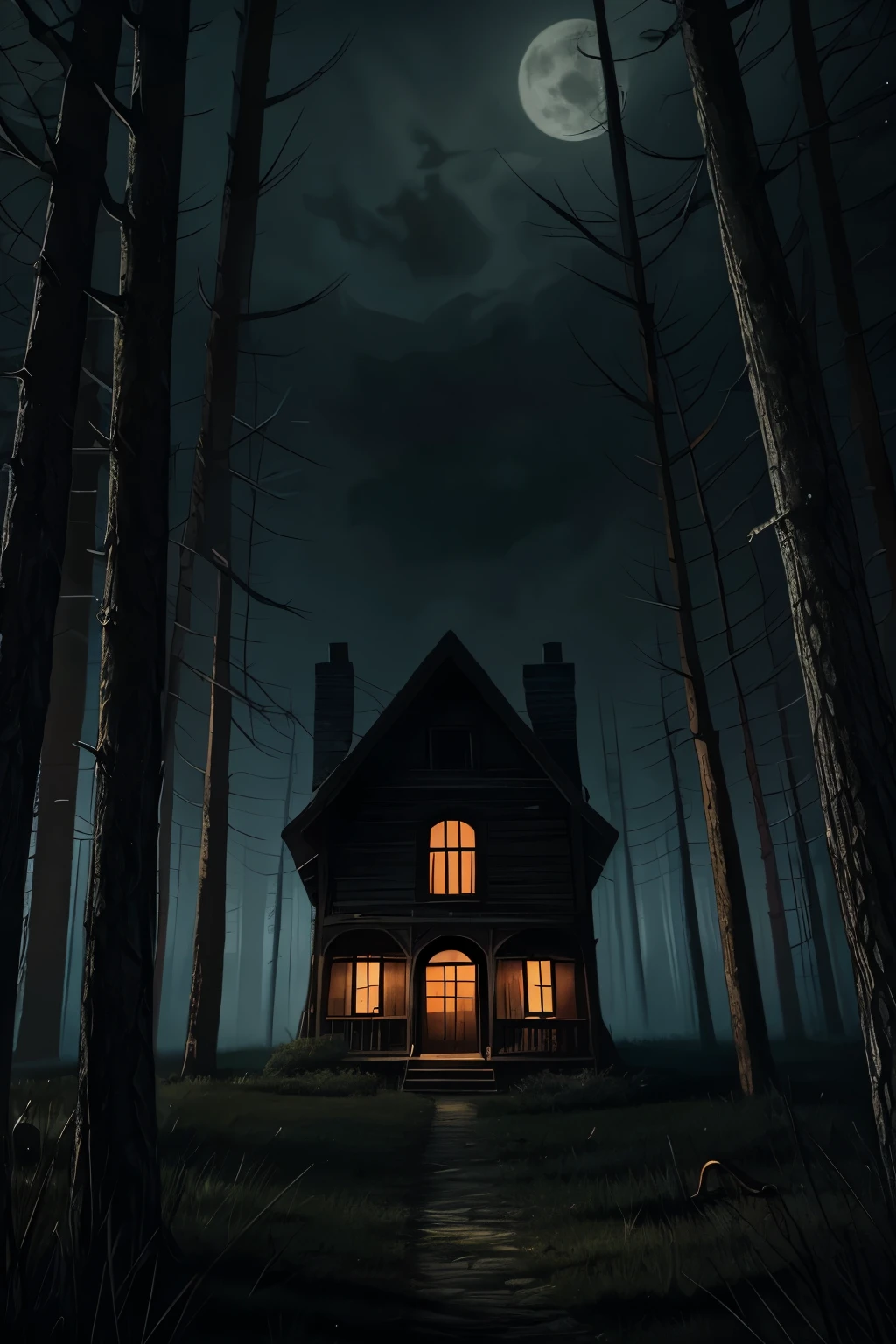 A spooky and dark illustration of a with's house in the middle of a dark forest, surrounded by crooked walls and a sinister appearence