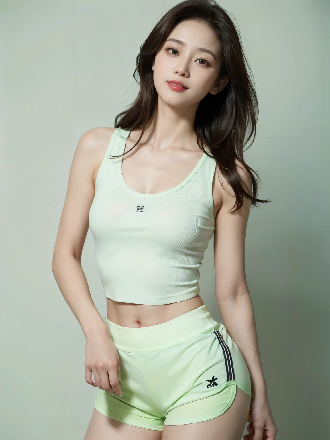 ((((highest quality))))、(((Ultra-precision CG16K wallpaper)))、(((masterpiece)))、(((Super detailed)))、(((super extreme details)))、1people's women、mature woman、25 year old woman、((Korean face))、((very beautiful face))、((Kitagawa Keiko:1.5))、((Soft wave semi-long hair:1.3))、(shiny hair)、bangs up to eyebrows、beautiful brown hair、beautiful delicate eyes、brown eyes、raised eyebrows、high nose、small nostrils、small mouth、seductive lips、mouth slightly open、beautiful breasts、C cup size breasts、cleavage、plump body、perfect proportions、perfect anatomy、perfect composition、beautiful detailed shading、beautiful natural lighting、beautiful detail glow、Depth of the bounds written、(((High chroma)))、(((real:1.9)))、((vivid:1.4))、((beautiful skin))、((skin texture))、((realな皮膚感))、(((cowboy shot:1.5)))、((Angle seen from the front:1.5))、((smile:1.4))、(Eyes looking at me:1.5)、bright sunshine、(((lawn square:1.3)))、(standing pose:1.5)、(((Light green color cropped tight rib tank top clothing、sports shorts wearing:1.6)))、