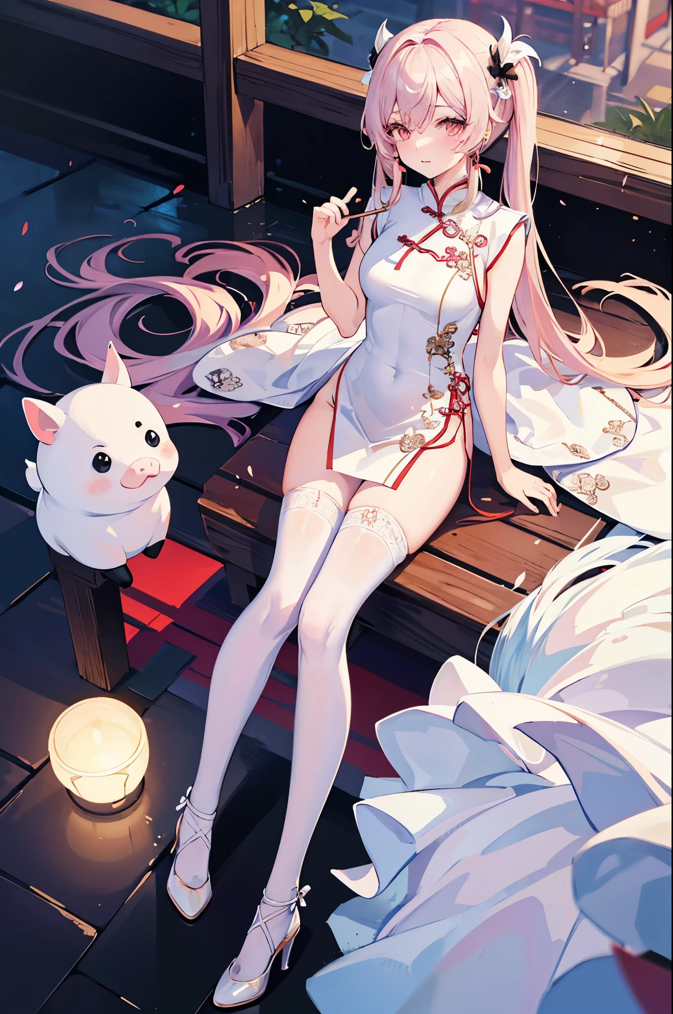 Imitation art of genshin, white dresses, twin pig tail, chinese dresses, high heels, panty hose, masterpieces, hyper art