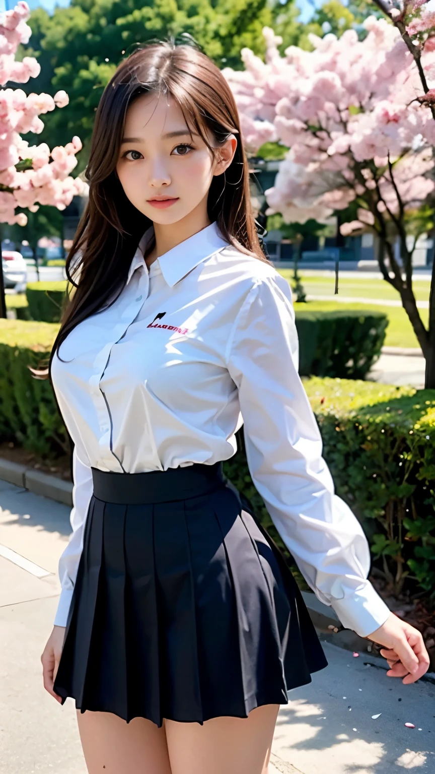 graduation ceremony、high school uniform、Full bloom cherry blossoms、perfect proportions、small ass、Look at the viewer, (highest quality,8K,nffsw:1.2),(cute日本の女の子),(masterpiece、highest quality) 、For clear images、absolutely amazing images, really beautiful、masterpiece, highest quality,photograph, cute、lolita、(big breasts:1.2)、((20 year old woman:1.2))、young adorable japanese face, ponytail、soft portrait shot,8K