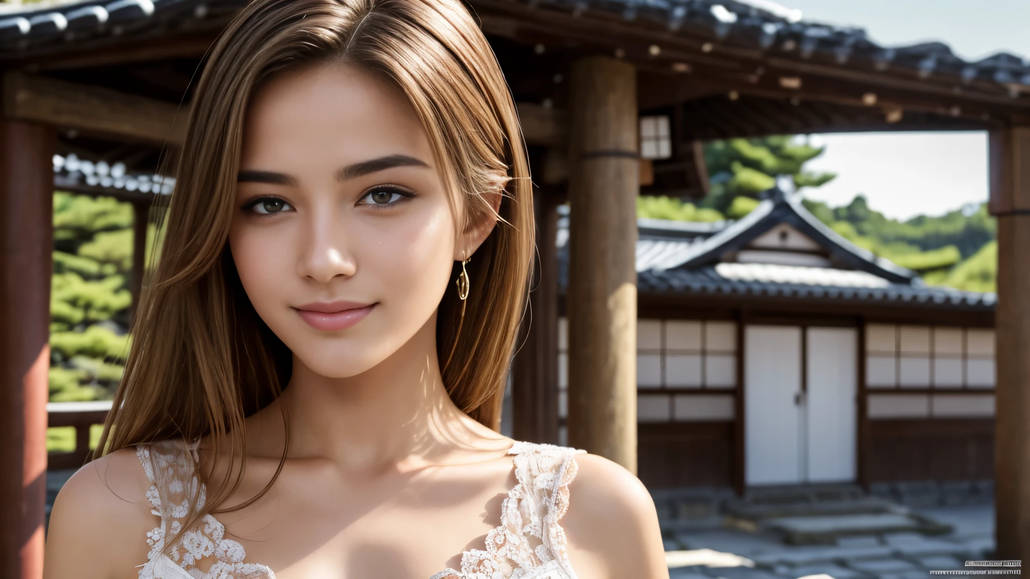 masterpiece, Best Quality, Photorealistic, Ultra-detailed, finely detailed, High resolution, 8K Wallpaper, 1 beautiful woman, light brown hair, sharp focus, Perfect dynamic composition, Beautiful detailed eyes, detailed hairs, Detailed realistic skin texture, Smiling, portrait, Model body type, Take a walk in the small village of Japan,