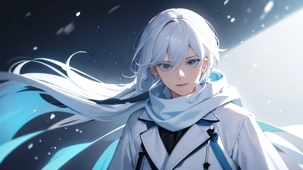 a male with a white hair and white and blue outfit and in a black and white background, (1girl:0.872), (white hair:0.758), (blurry:0.926), (blurry background:0.703), (blue eyes:0.562), (depth of field:0.625), (backlash hair:0.855), (outdoors:0.541), (blue scarf:0.989), (snow:0.925), (solo:0.886), (upper body:0.683)