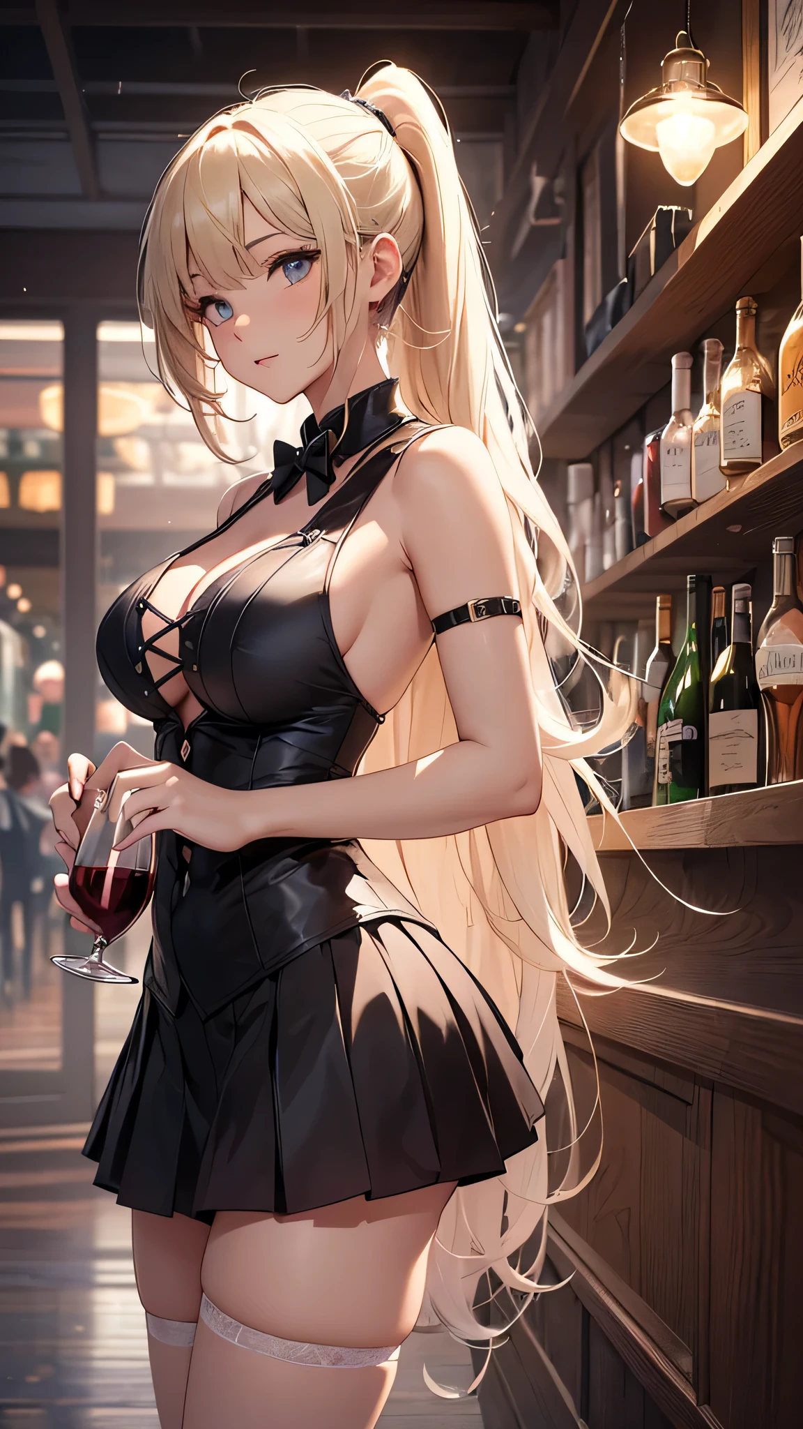 最high quality、best image quality、masterpiece、teenage girl((20-year-old、 By becoming、vest bust、medium bust,wide open breast tea、shining eyes, blonde hair、long hair、thin,highest valley、ponytail、Bartender costumes、mini skirt、holding a wine bottle)),high quality、beautiful art、background((night bar))debris flies、Depth of written boundary、movie、visual art、perfect art、8k,genuine、