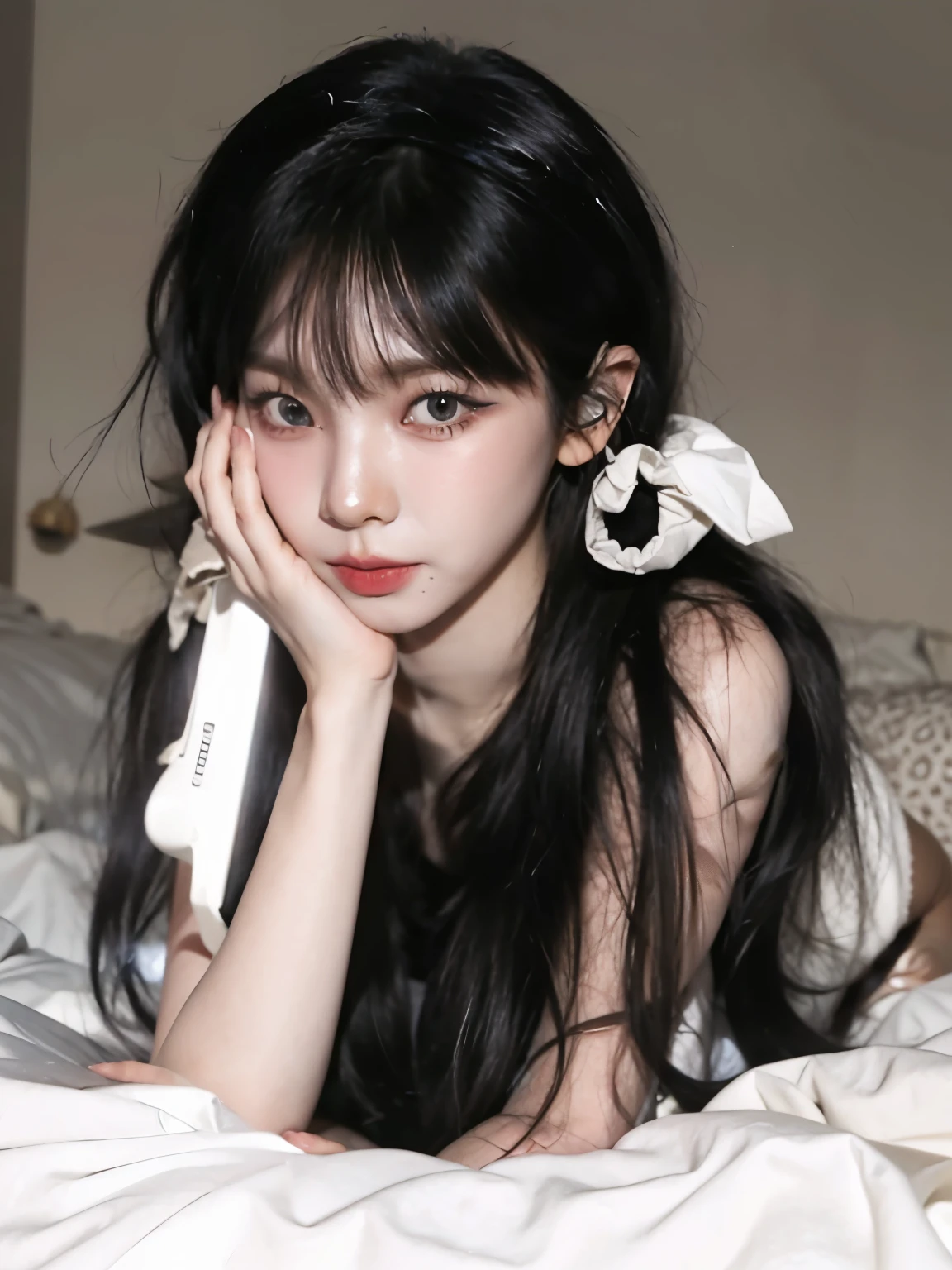arafed woman laying on a bed with a remote in her hand, black hair and large eyes, with long hair and piercing eyes, with black pigtails, ulzzang, large eyes and flowing long hair, she has black hair with bangs, korean girl, long black hair with bangs, very beautiful cute catgirl, black hair and white bangs