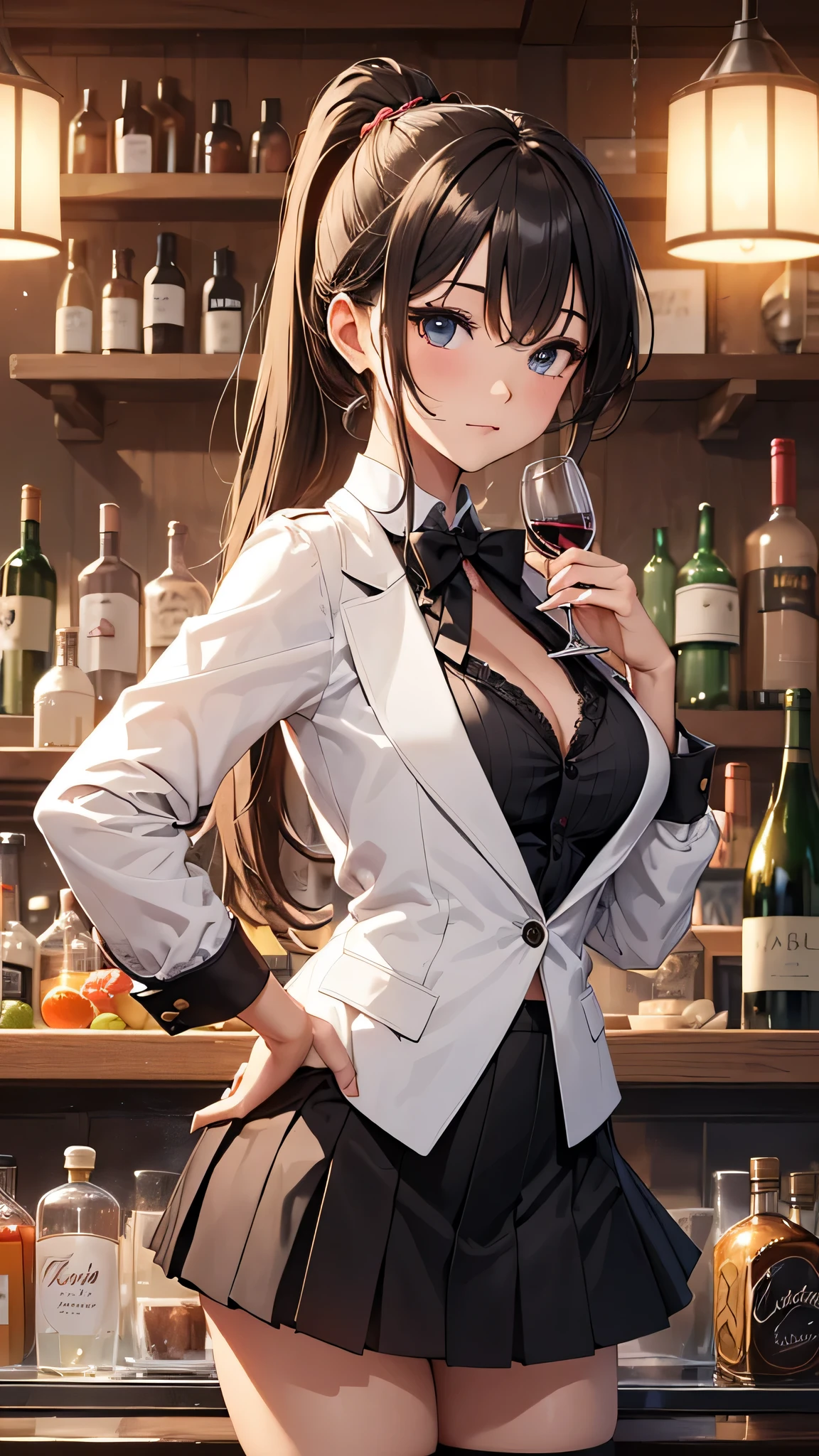 最high quality、best image quality、masterpiece、age girl((20-year-old、 By becoming、vest bust、medium bust,wide open breast tea、shining eyes, blonde hair、long hair、thin,highest valley、ponytail、Bartender costumes、mini skirt、holding a wine bottle)),high quality、beautiful art、background((night bar))debris flies、Depth of written boundary、movie、visual art、perfect art、8k,genuine、