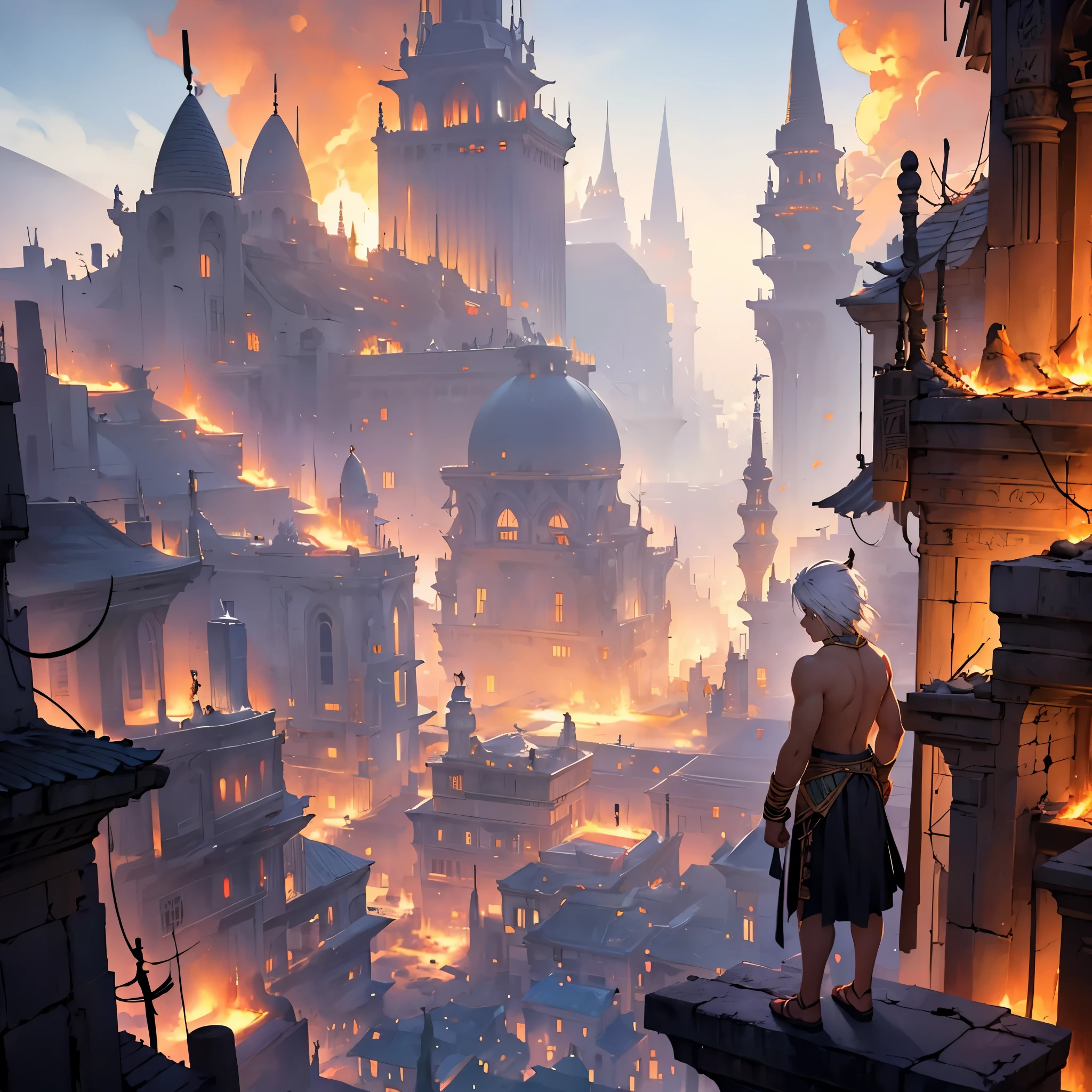 16 year old white haired man with no shirt in Egyptian or Arab skirts stands on top of a building looking at the city of elves in flames in an epic view, no estilo de anime, paisaje todo ardiendo, apocalyptic