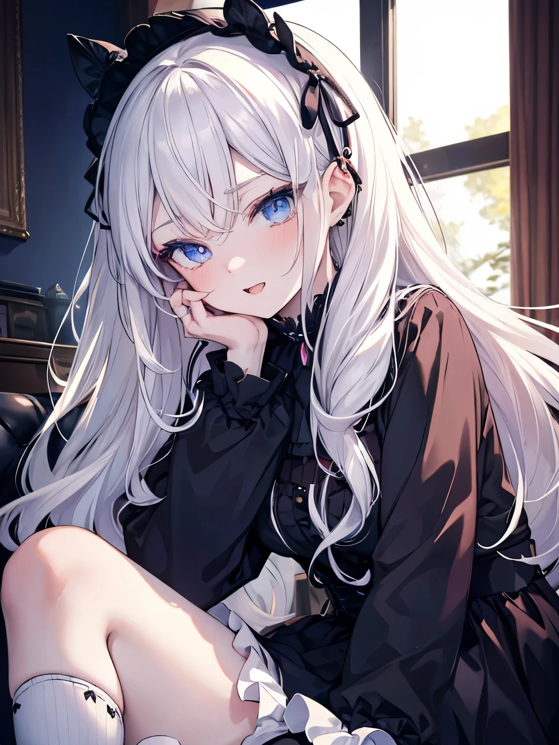 masutepiece, Highest Quality, (Perfect face:1.1), (high detailing:1.1), (ultradetailed eyes), Dramatic, superfine illustration, Extremely detailed, 1girl in, teenager,(pale skin), long white hair, Ethereal eyes, Blue eyes,blush,Solo,Smile, Happy, Laugh, Enjoy, Open mouth, Pouty lips,Cinematic lighting,upper body,looking up,Long sleeve, Gothic lolita, frilld, bow ribbon,knee high socks,indoor,living room,night,leaning forward,hand between legs