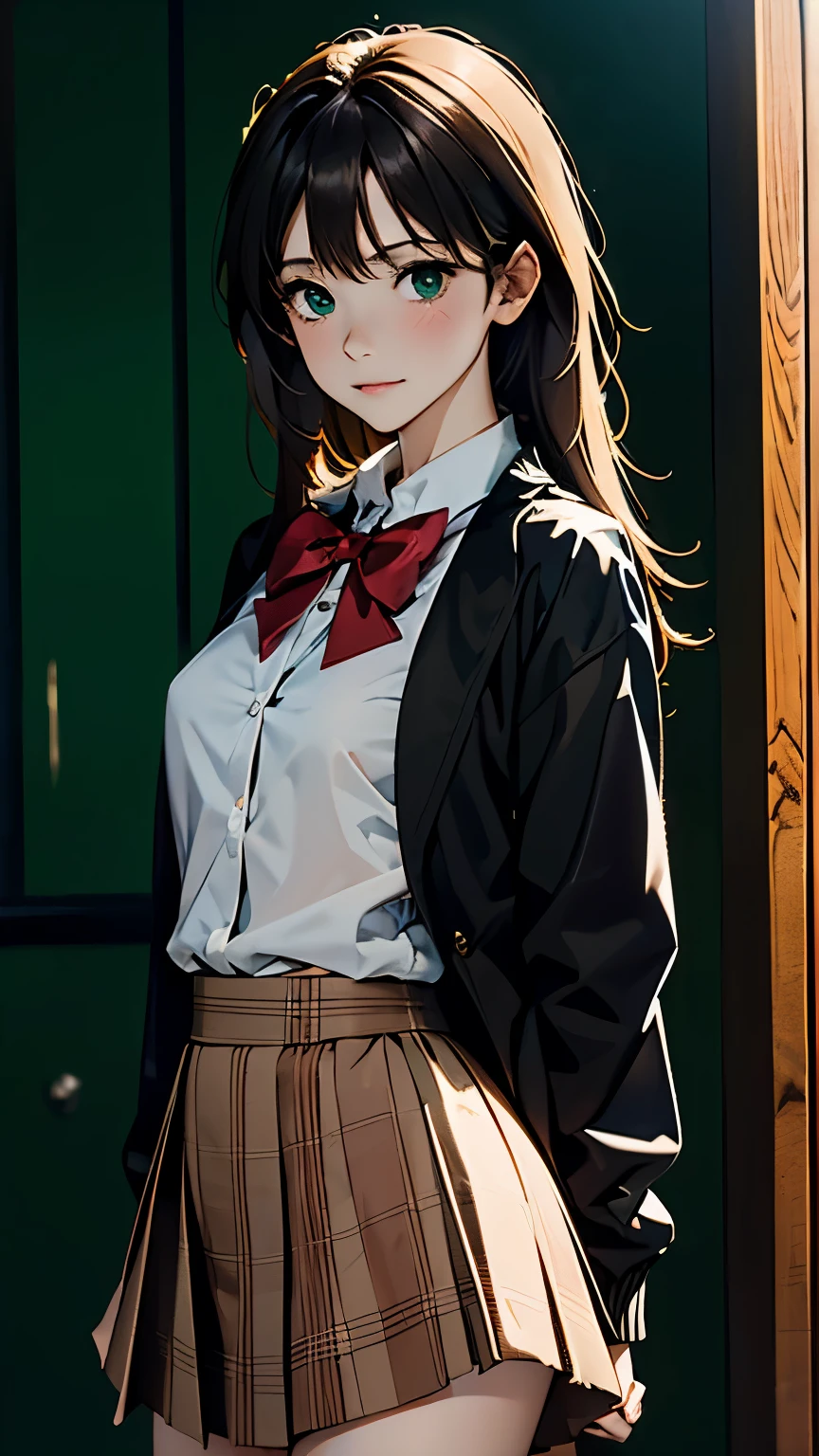 ((table top, highest quality, High resolution, nffsw, perfect pixel, Depth of written boundary, 4k, nffsw, nffsw))), 1 girl, single, alone, beautiful anime girl, beautiful art style,, ((long hair, bangs, dark brown hair, curly hair:0.8)), ((green eyes:1.4、realistic eyes)), ((detailed face, blush:1.2)), ((smooth texture:0.75, realistic texture:0.5, Anime CG style)), medium breasts, dynamic angle, small breasts, perfect body, dynamic pose, ((red bow tie, school uniform, black jacket, open jacket, brown cardigan, white shirt, black skirt, plaid skirt)), smile, open your mouth, turn your arms behind your back, leaning forward, Amalment Park, ((close, throw, cute, shoot in the face))