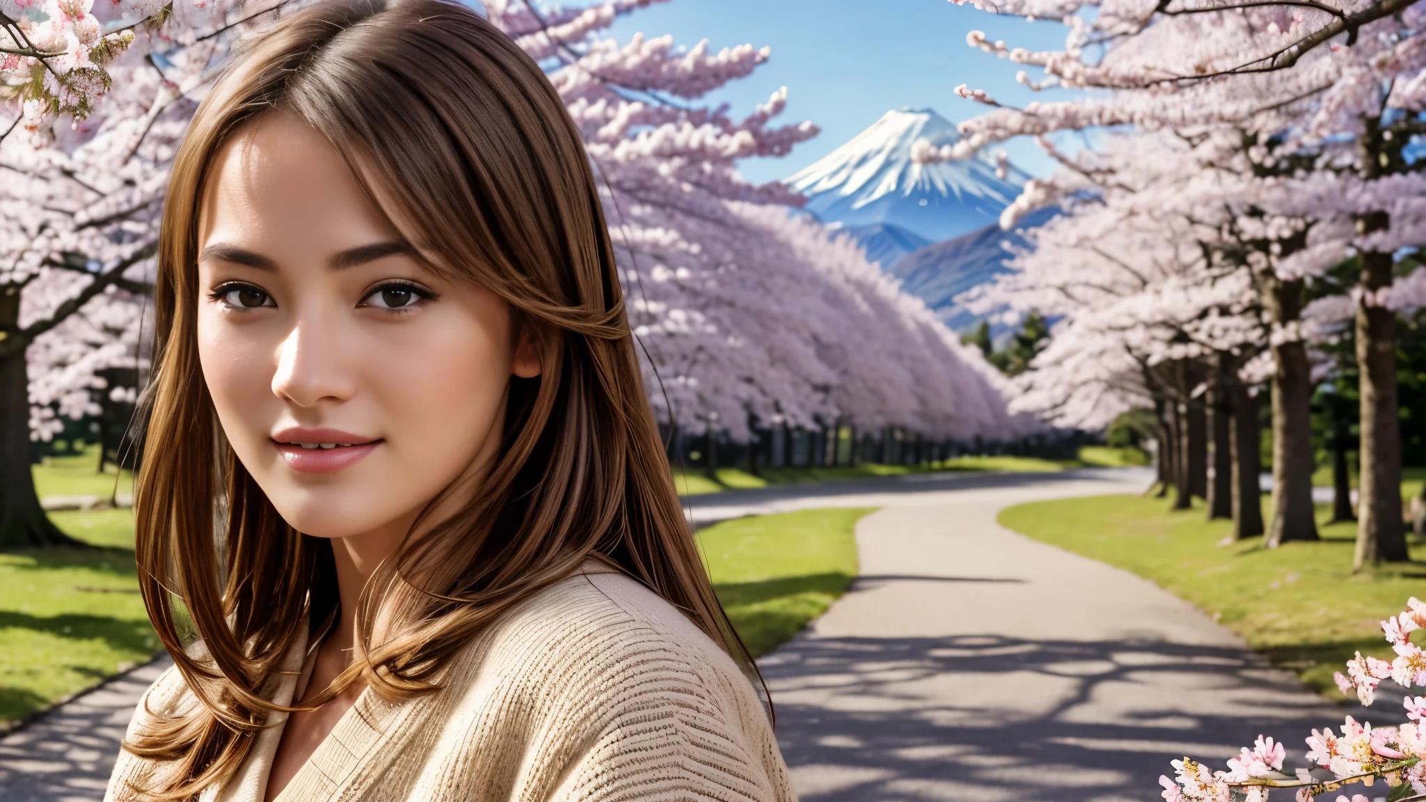 masterpiece, Best Quality, Photorealistic, Ultra-detailed, finely detailed, High resolution, 8K Wallpaper, 1 beautiful woman, light brown hair, sharp focus, Perfect dynamic composition, Beautiful detailed eyes, detailed hairs, Detailed realistic skin texture, Smiling, portrait, Model body type, Take a walk in the park with cherry blossoms and Fuji mountain background,