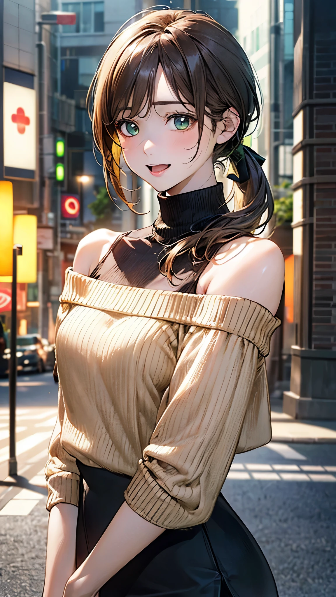 (masterpiece:1.2, top-quality), (realistic, photorealistic:1.4), beautiful illustration, (natural side lighting, movie lighting), looking away, (from below), 1 girl, japanese, high school girl, 14 years old, perfect face, perfect body, cute and symmetrical face, shiny skin, babyface, tiny, (short hair:1.5, (low ponytail):1.6, long sideburns, light brown hair), asymmetrical bangs, dark blue eyes, big eyes, drooping eyes, (middle breasts, seductive thighs, big ass), beautiful hair, beautiful face, beautiful detailed eyes, beautiful clavicle, beautiful body, beautiful chest, beautiful thigh, beautiful legs, beautiful fingers, (((off-shoulder light yellow green sweater, brown tight leeveless dark brown turtleneck sweater), belt, emerald green hair ribbon), (beautiful scenery), morning, (amusement park), walking, (hand in own hair), holding a drink, (happy smile, open mouth),