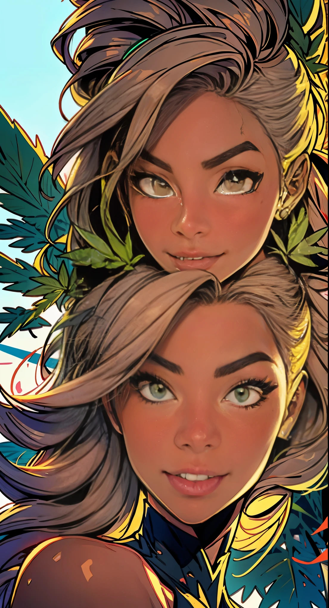 A closeup of a woman with a marijuana leaf on her head, personification of marijuana, Jen Bartel, maconha!, Tema Maconha, in illustration style digital, inspirado por Mary Jane Begin, extremely high quality artwork, matte digital illustration, Maria Jane, asymmetrical marijuana, maconha, Arte Digital. @mariomaniacdude, erva daninha, paranoia da cannabis
