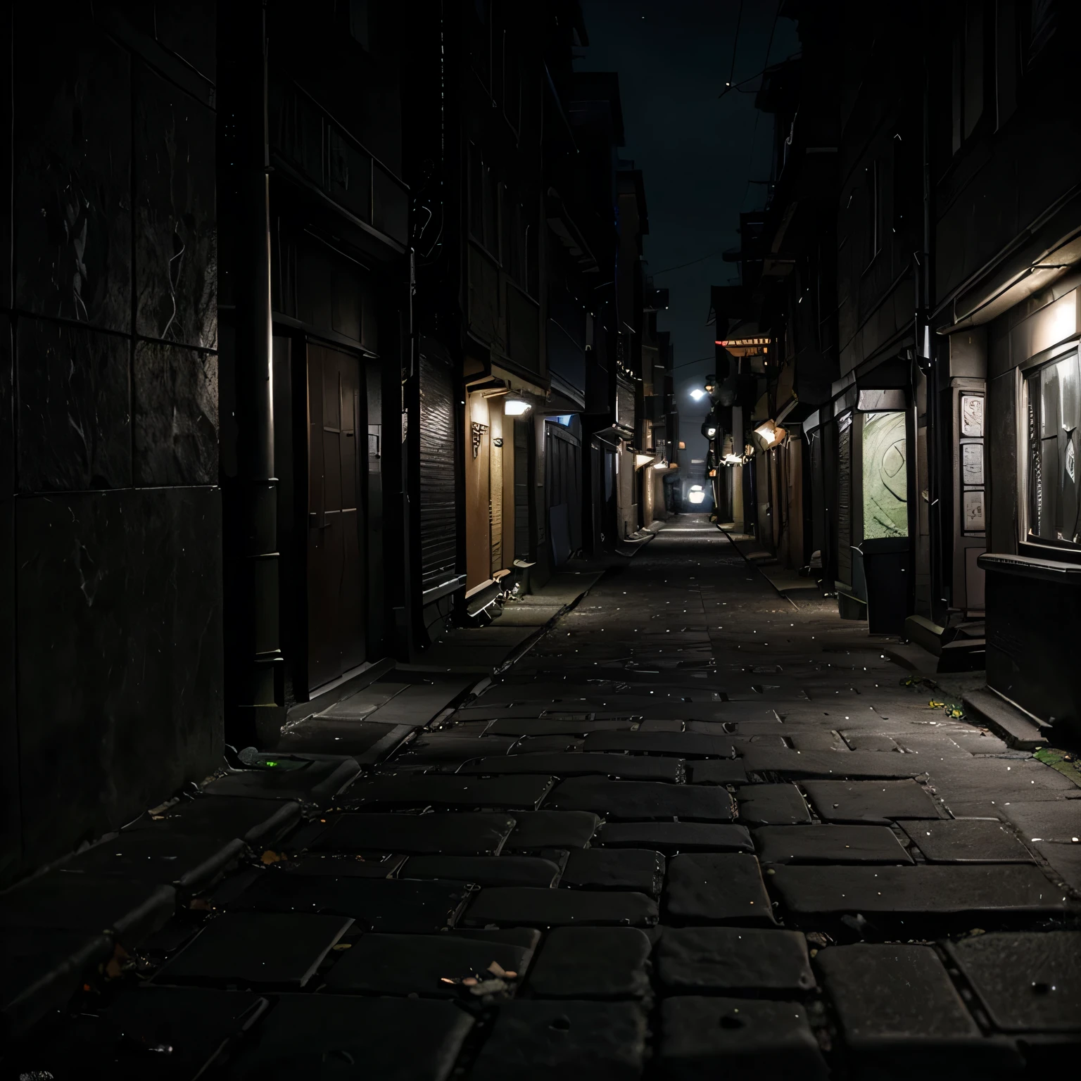 dark back alley、cobblestone、midnight、that&#39;It&#39;s pitch black there&#39;There is no one there、dingy、garbage is scattered
