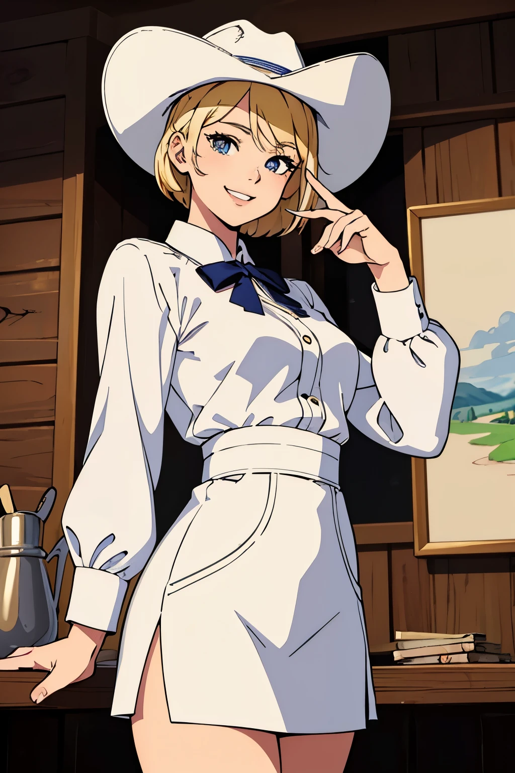 (Best quality:1.1), (Masterpiece:1.4), (Illustration fantastique:1.2), 1fille, cute girl, cowgirl, White shirt, short skirt, Blond hair, cowboy hat, Wide smile, cowboy