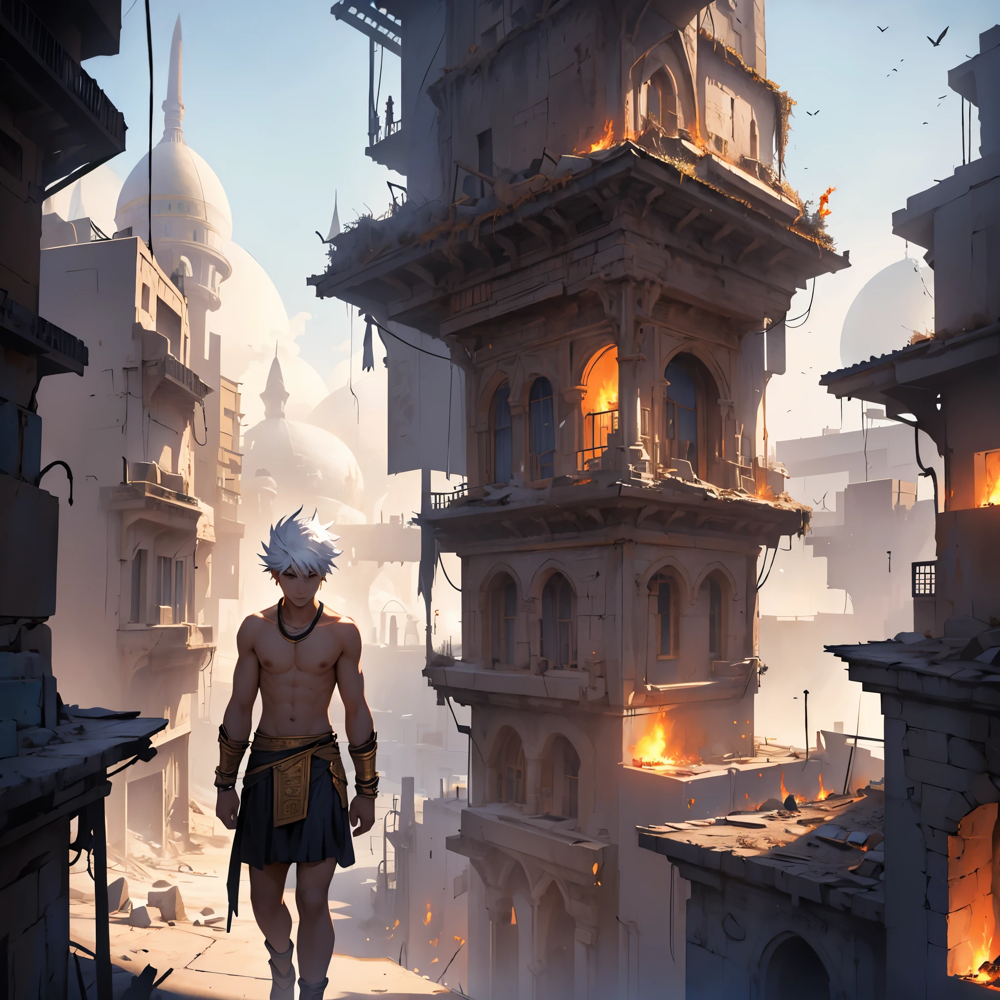 16 year old man white hair shirtless wearing short Arab and Egyptian skirts standing on top of a building looking at the burning fantasy city in an epic view, no estilo de anime, paisaje todo ardiendo, apocalyptic