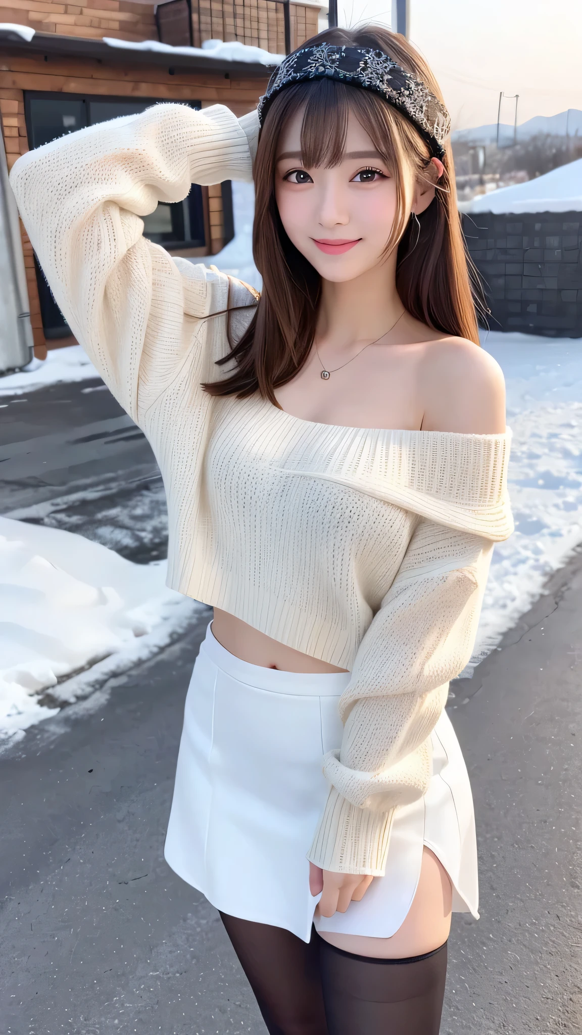 Beautiful white and shining skin、Chestnut hair that changes depending on the light、Long bangs between the eyes that obstruct the view、Cheek gloss highlights、Sexy and very beautiful nice gorgeous face、the most beautiful face in the world、short bob、Smooth straight hair、medium breasts、beautiful breasts、cleavage、Big and bright eyes、beautiful bangs、Beautiful and beautiful woman、small face beauty、natural smile、loose white wool sweater、off shoulder、tight mini skirt、black thick pantyhose、snow boots、full body shot、beautiful thighs、snow scene