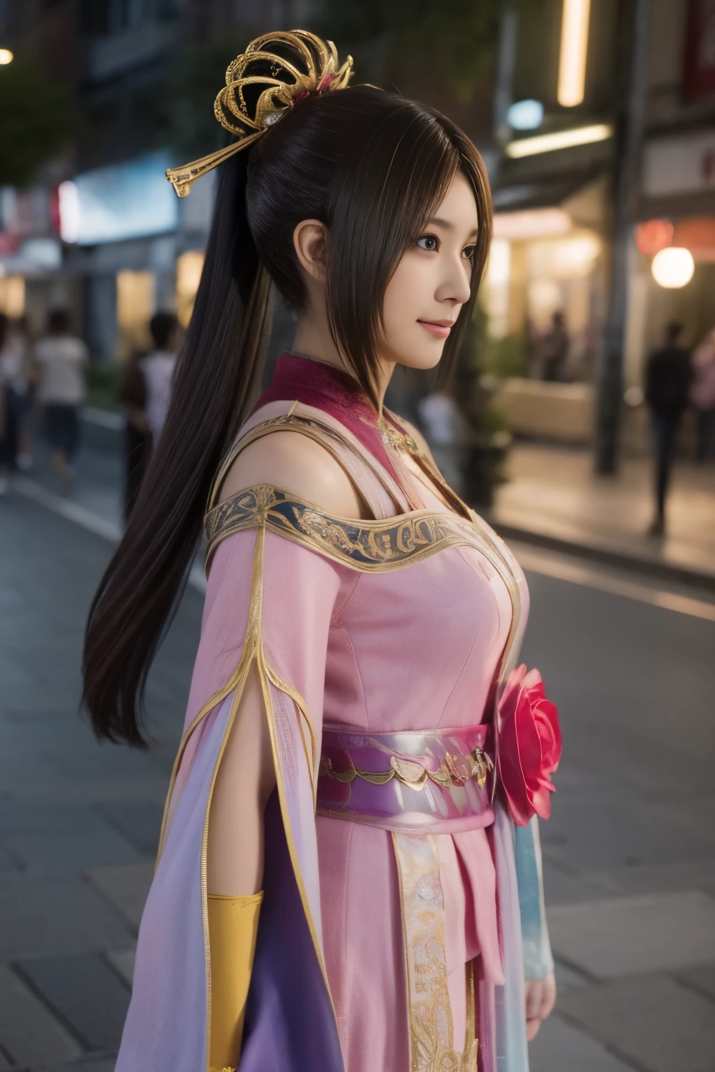 Diaochan from Sangoku Musou 8,Super realistic,hair ornaments,Perfect Diaochan costume,twin tails、masterpiece、1 cute girl、17 year old high school student、smile,fine eyes、puffy eyes、bright outdoors,Bright downtown、highest quality, 超High resolution, (reality: 1.4), movie lighting、Japanese、asian beauty、Korean、super beautiful、beautiful skin、body facing forward、whole body,Upper body、(超reality的な)、(High resolution)、(8k)、(very detailed)、(美しくfine eyes)、(Super detailed)、 (wall-)、detailed face、bright lighting、professional lighting、looking at the viewer、look straight ahead、slanted bangs、brown hair、Nogizaka Idol、