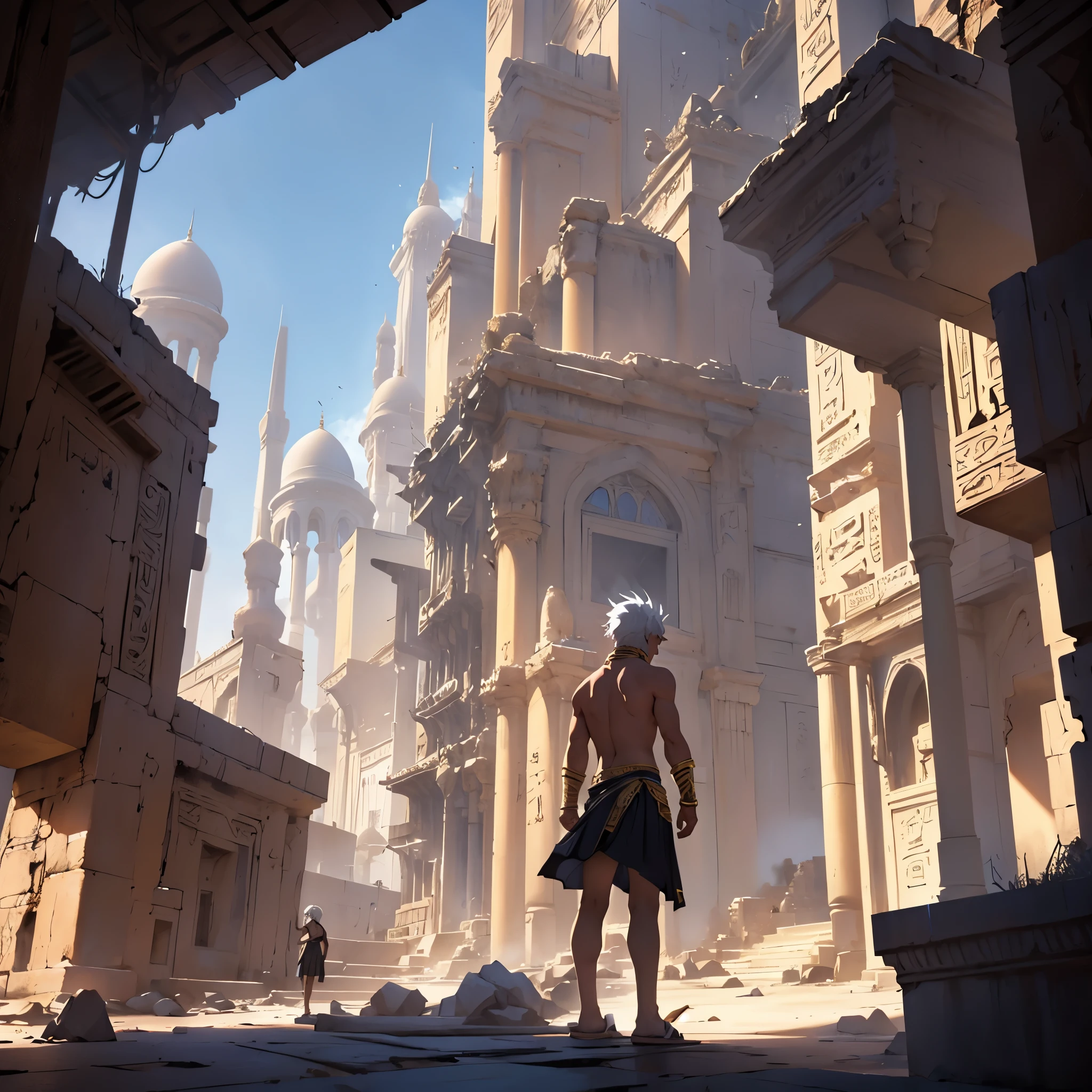 16 year old man white hair shirtless wearing short Arab and Egyptian skirts standing on top of a building looking at the burning fantasy city in an epic view, no estilo de anime, paisaje todo ardiendo, apocalyptic