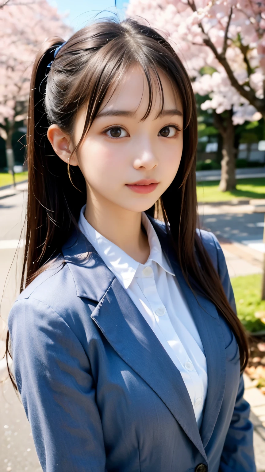 graduation ceremony、high school uniform、blazer、Full bloom cherry blossoms、Cherry blossom confetti、perfect proportions、small ass、Look at the viewer, (highest quality,8K,nffsw:1.2),(cute日本の女の子),(masterpiece、highest quality) 、For clear images、absolutely amazing images, really beautiful、masterpiece, highest quality,photograph, cute、lolita、(big breasts:1.2)、((20 year old woman:1.2))、young adorable japanese face, ponytail、soft portrait shot,8K