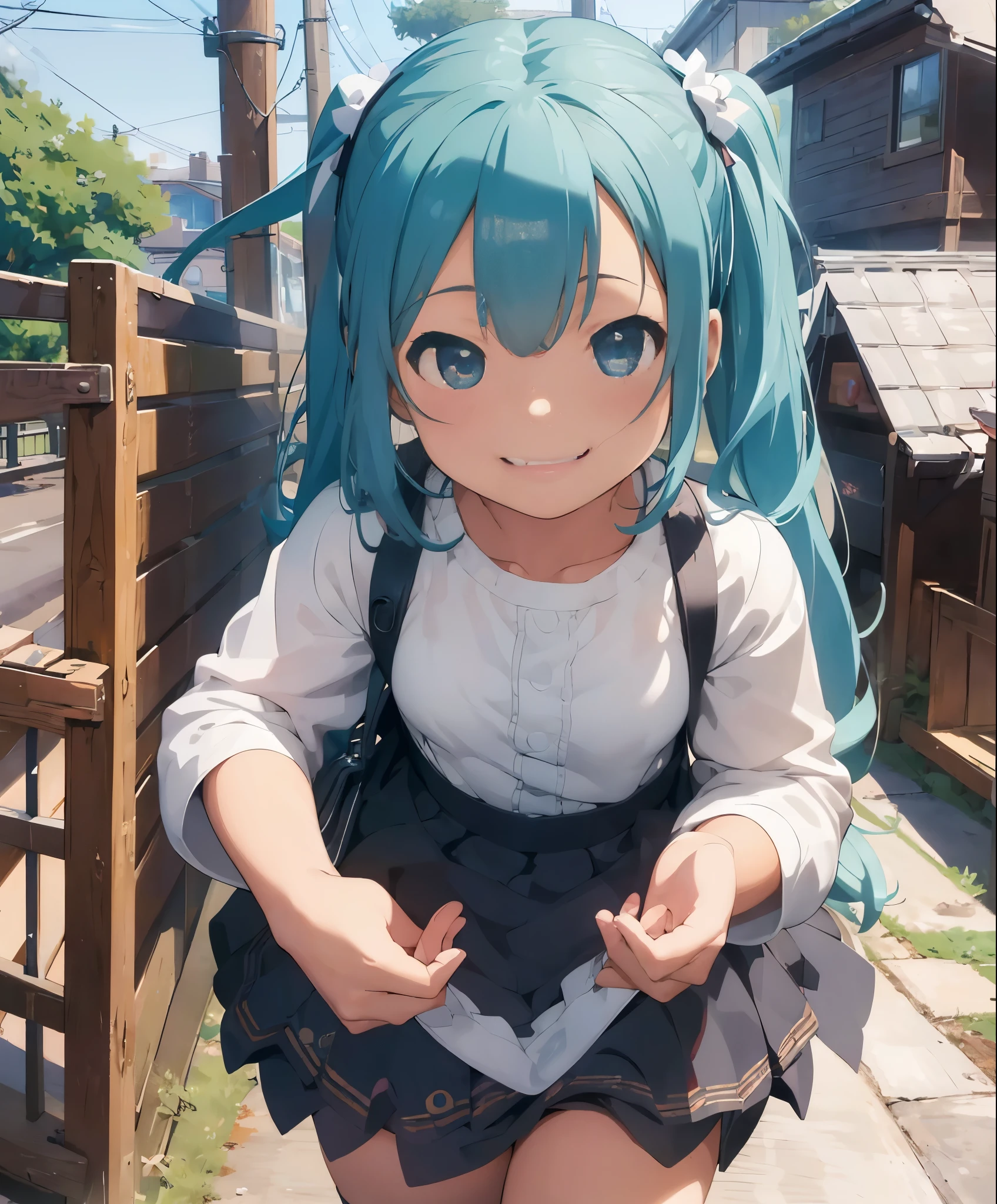 (masterpiece、highest quality、highest quality、official art、beautiful beautiful:1.2)、(1 girl:1.3)Hatsune Miku、big breasts、twin tails、愛らしいsmile、very detailed、((masterpiece)), ((((Little anime)))), 1 girl, alone ((((no background)))), hair clip, hair band, hair ornaments, long sleeve, skirt, white and blue knee socks, (((Nendoroid))), closed one eye, smile, shortcut, Hehehe,Character Doll,Little