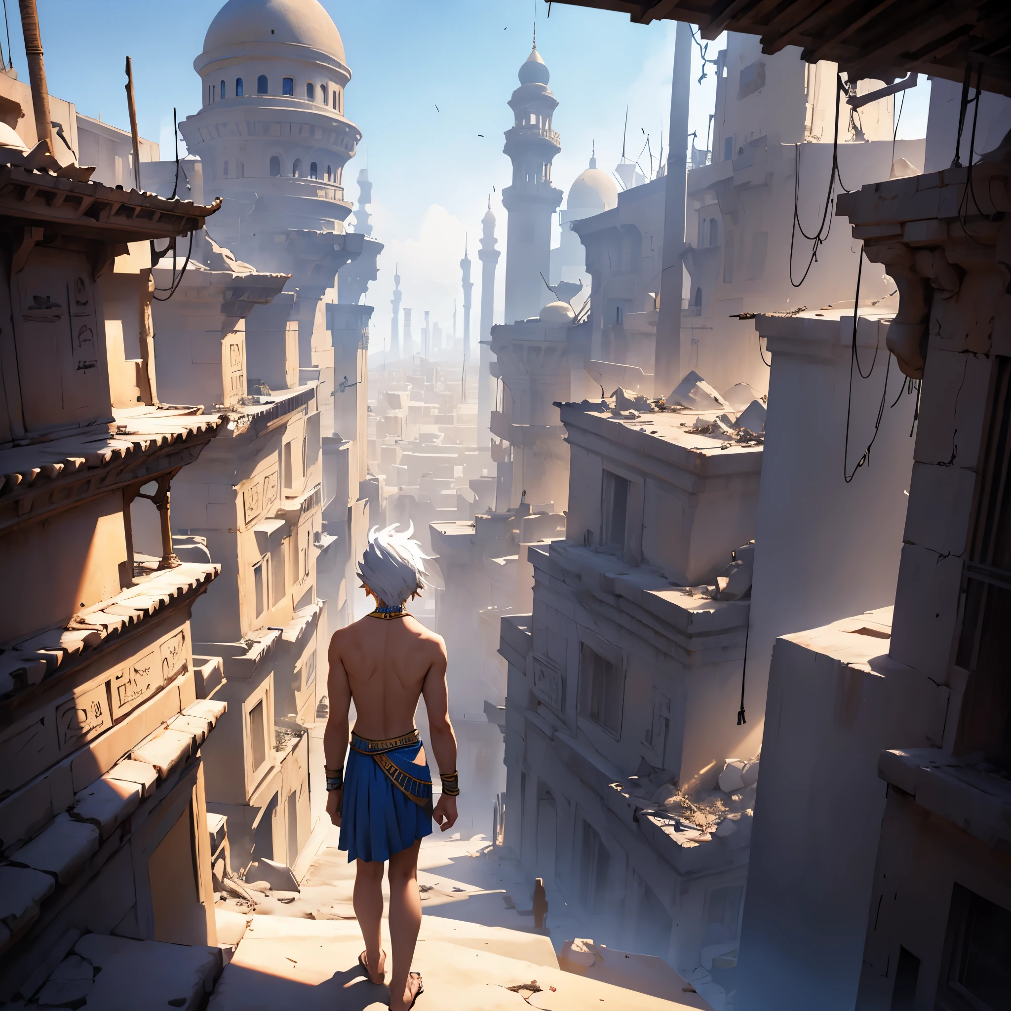 16 year old man white hair shirtless wearing short Arab and Egyptian skirts standing on top of a building looking at the burning fantasy city in an epic view, no estilo de anime, paisaje todo ardiendo, apocalyptic