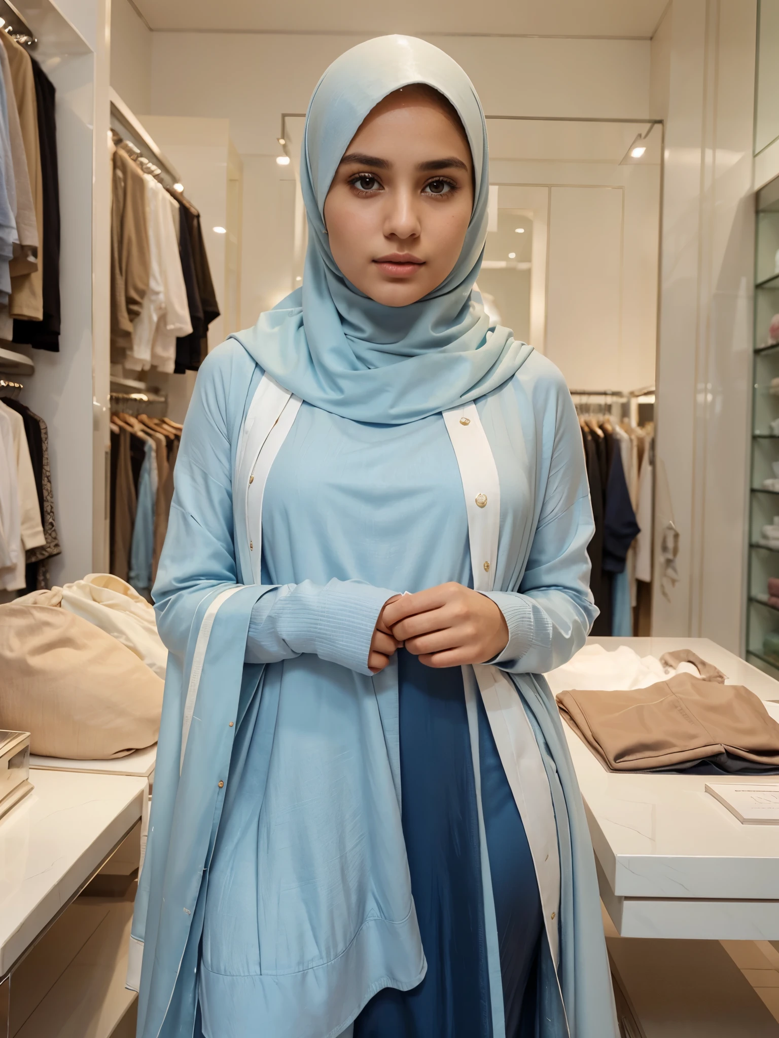 a beautiful girl, olive skin, wearing a white hijab, wearing a light blue Muslim dress, looks elegant, narrow eyes, sharp chin, oval face, small lips, sharp nose, is holding clothes in a luxury clothing shop, it says "Discount" on the clothes hanger, the lighting is soft, very realistic, very detailed, sharp focus,