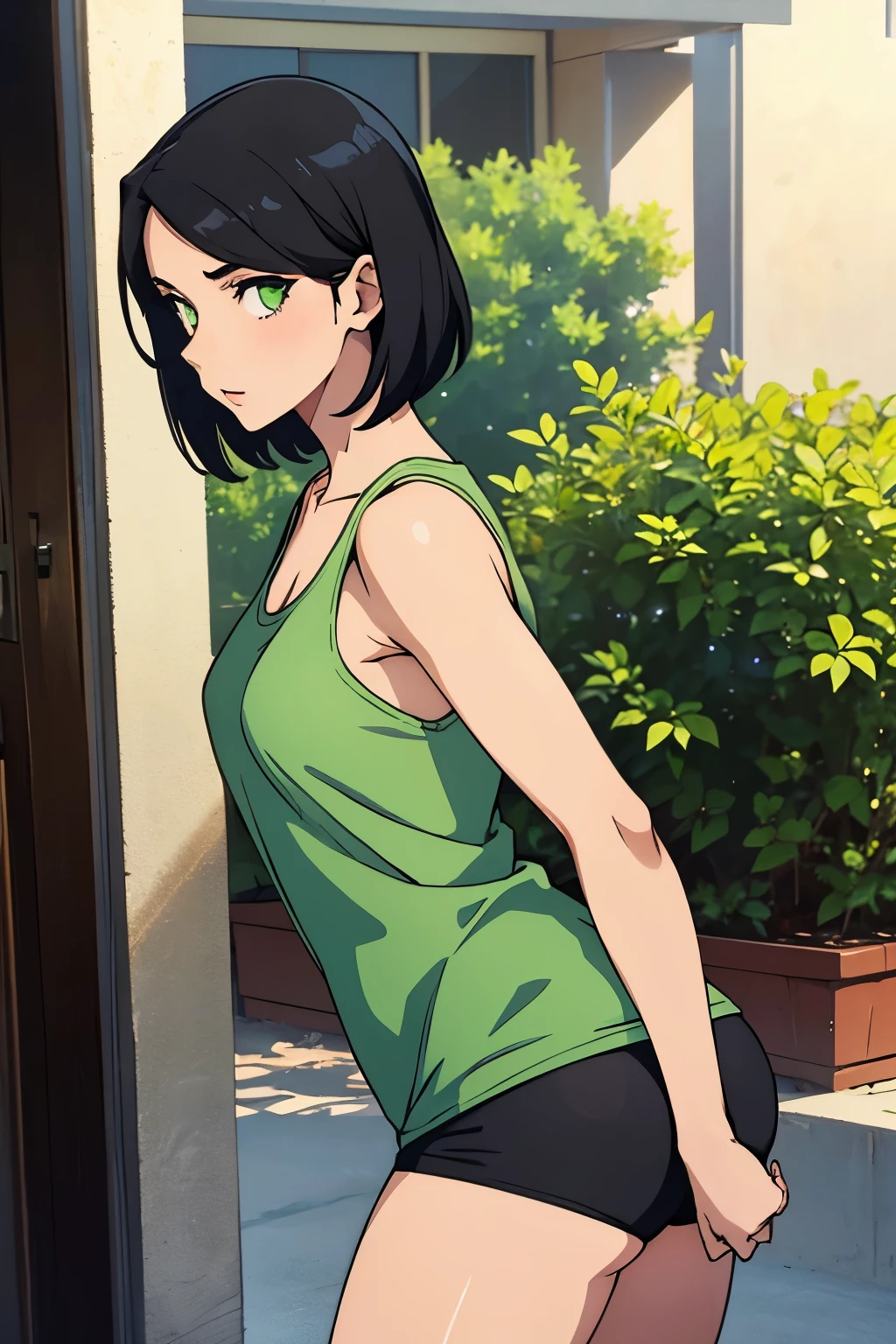 This girl is a slender young lady with attractive features. She is 165 cm tall and weighs 50 kg.. Her appearance is distinguished by her short black hair and attractive green eyes., which give it mystery and charm. Her body type is athletic, talking about her active lifestyle. She has small breasts, which emphasizes her femininity, as well as a large, a more substantial and attractive butt. Dressed in short shorts and a tank top
