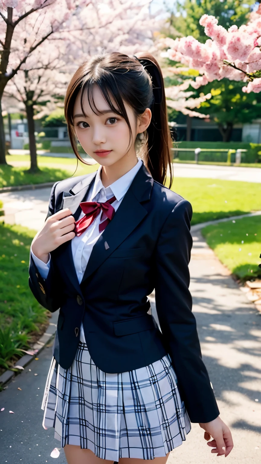 graduation ceremony、high school uniform、blazer、ribbon、Full bloom cherry blossoms、Cherry blossom confetti、perfect proportions、small ass、Look at the viewer, (highest quality,8K,nffsw:1.2),(cute日本の女の子),(masterpiece、highest quality) 、For clear images、absolutely amazing images, really beautiful、masterpiece, highest quality,photograph, cute、ta、(big breasts:1.2)、((20 year old woman:1.2))、adorable japanese face, ponytail、soft portrait shot,8K