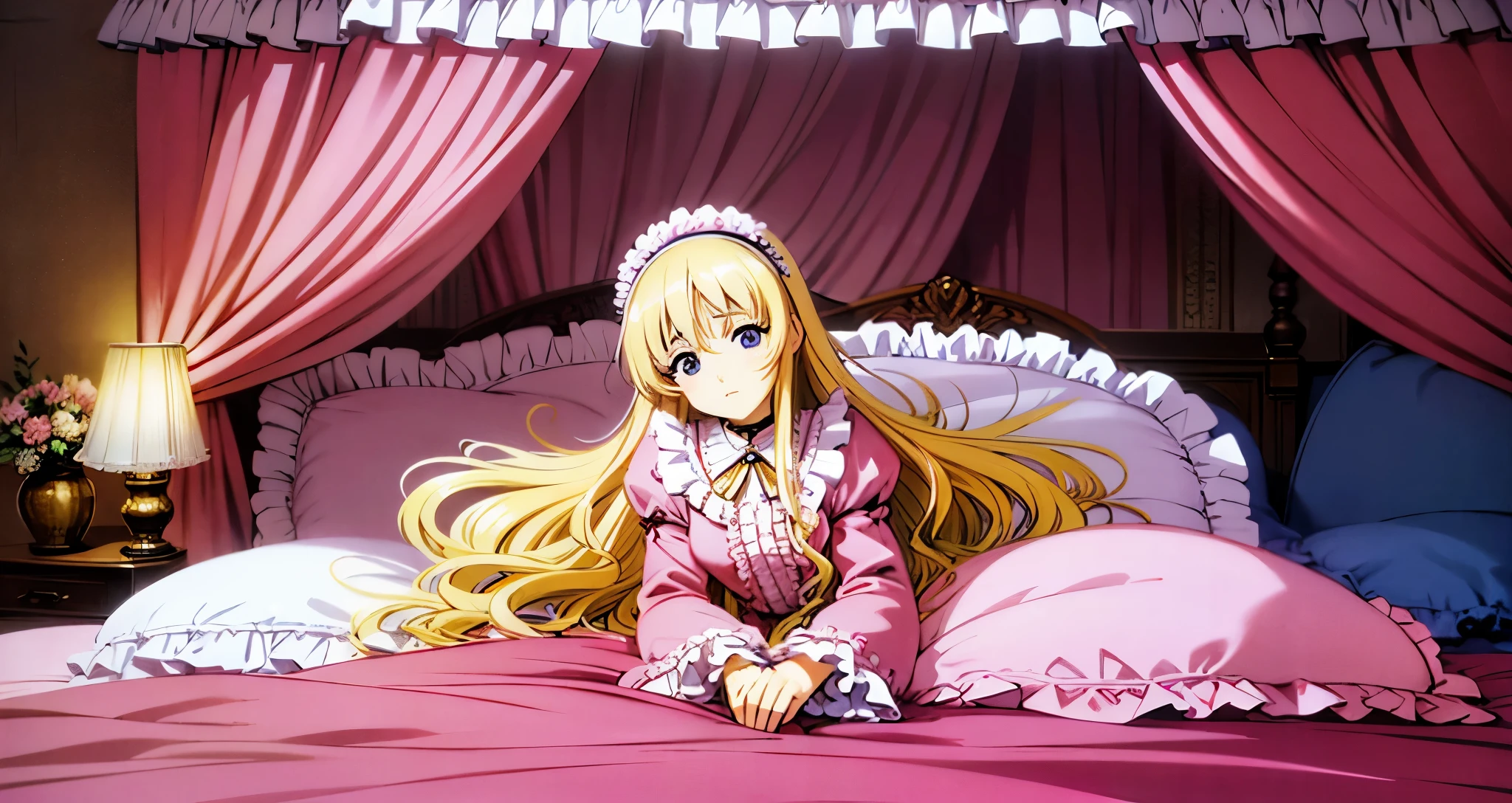 ,highest quality, masterpiece, highest resolution, artwork, super それにget used to it, many get used to it, get used to it, それにget used to it, 3K anime illustration,(( 10 year old girl)),Super detailed baby face,high quality small face,long blonde hair that grows to the waist,blue eyes,白い肌のeuropean,pajamas, european,(((super long blonde hair))),curly hair,blue eyes,((((ピンクのロリータファッションのlong skirtのワンピースドレス)))),((Pink dress with plenty of frills and ribbons)),((Luxurious headdress with frills and ribbons)),Detailed headdress,,(((big yoke collar))),Yoke collar with ruffles and ribbons,((((long sleeve)))),ruffle sleeves,((((long skirt)))),white ruffle and lace socks,large frill and ribbon pillow,(((fine pink costume))),豪華なcanopy bedの上,canopy bed,The bed is surrounded by luxurious curtains,many frilly pillows on the bed,A lot of frilly pillows behind the girl,super detailed background,detailed bed,soft pink comforter,Super detailed soft ruffle pillow,Beautiful girl illustration,super detailed beautiful face,detailed hair,detailed eye ,super detailed eyes,Super detailed eye highlights,super detailed mouth, arm details,fine hands,Detailed pillow,wide bed,Illustration on the bed, ,((((round futon)))),((((A large ruffled futon that covers the entire bed)))),detailed comforter,detailed bedシーツ,Before bedtime,romantic atmosphere,palace bedroom,((((The lower half of the body is hidden under the futon and the puffy skirt...)))) The girl is leaning on a pile of pillows, ,((((round futon)))),((((A large futon with frills that covers the entire bed)))),hugging a pillow,