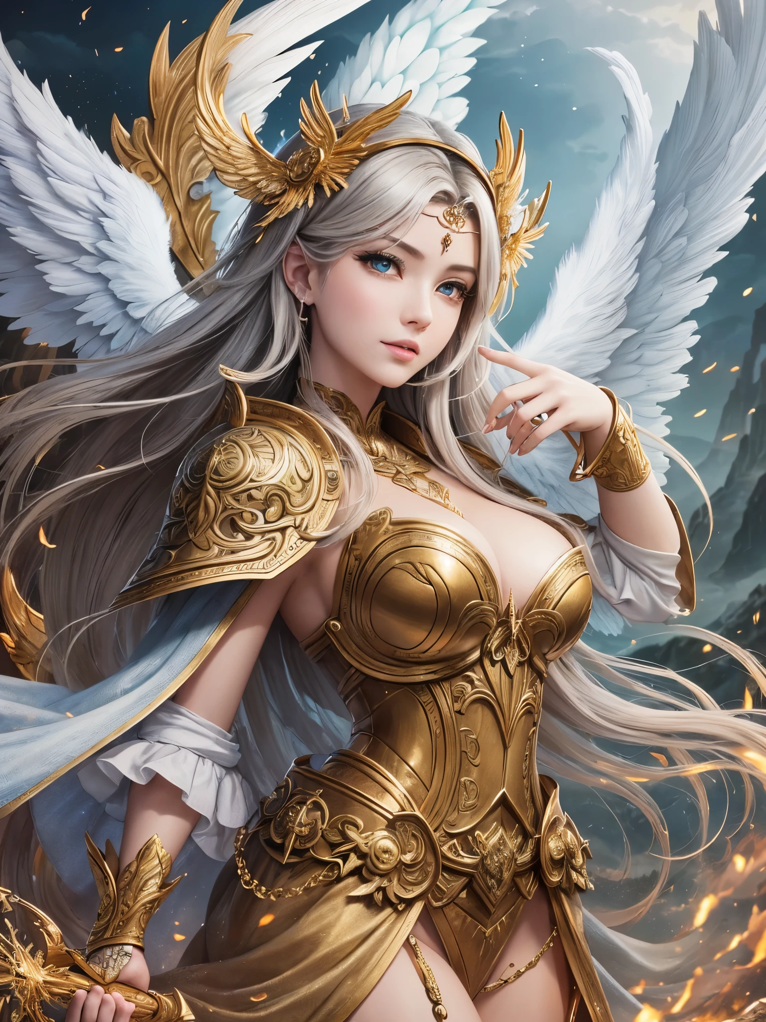 4K, Full body of a woman wearing a golden transparent dress, View viewer,(((huge breasts, great cleavage))),slim waist,(exposed navels,bare waist), long hair, very detailed 세부정보,High-end Zhenyi Station, storm scene, detailed fantasy art, amazing character art, Beautiful and exquisite character art, beautiful gold and silver armor, very detailed, girl in shining armor, elaborate tiaras and jewels,crystal jewelry crafts, Milky Way, amazing video, (dynamic stripe, light track:1.2), vivid colors,