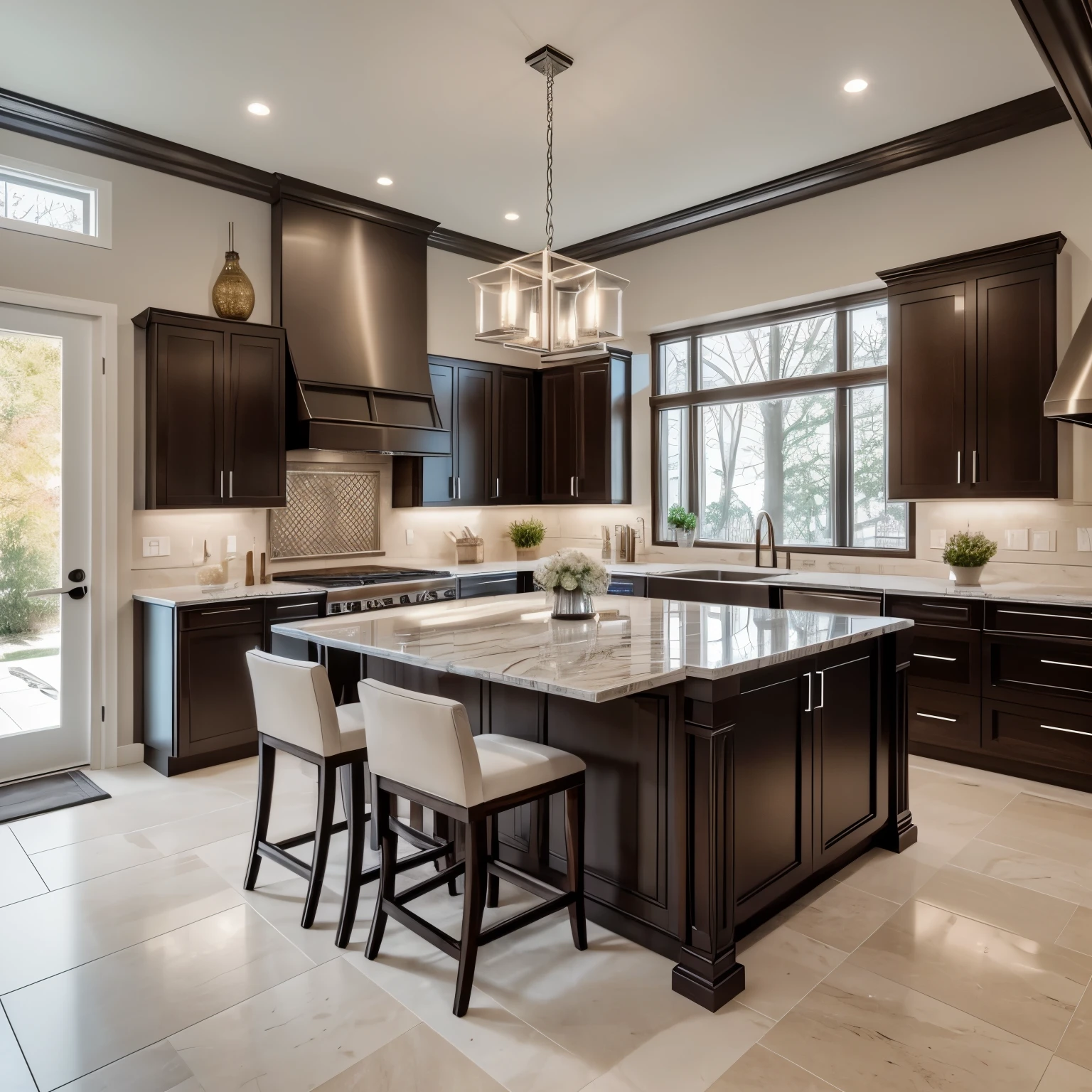 Generate a high-end image showcasing a premium kitchen interior. The scene should exude modern elegance and luxury, with sleek countertops, state-of-the-art appliances, and stylish cabinetry. Incorporate exquisite detailing such as marble or granite surfaces, designer fixtures, and tasteful decor elements. Ensure impeccable lighting to highlight the sophistication of the space, with natural light streaming in through large windows or elegant pendant lights illuminating the scene. Pay attention to every detail, from the texture of materials to the arrangement of utensils, to create a captivating and aspirational kitchen environment.