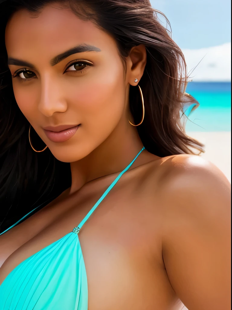 A Brazilian woman posing for a photo, wearing a white bikini, with tanned skin and a tall, sexy body. The woman has a confident and alluring expression on her face, with beautiful and detailed eyes, defined cheekbones, and full, luscious lips. Her long eyelashes enhance the glamor of her look. She stands in a picturesque beach setting, with white sand and crystal-clear turquoise water in the background. The sunlight gently illuminates her, casting a soft glow on her flawless skin. The high-resolution image showcases ultra-detailed textures, capturing every intricate detail of the woman's beauty and the surrounding environment. The overall image has a realistic and photorealistic feel, bringing out the vibrant colors and natural elements of the scene. The composition and lighting create a visually striking result, emphasizing the sensuality and magnetism of the subject.
