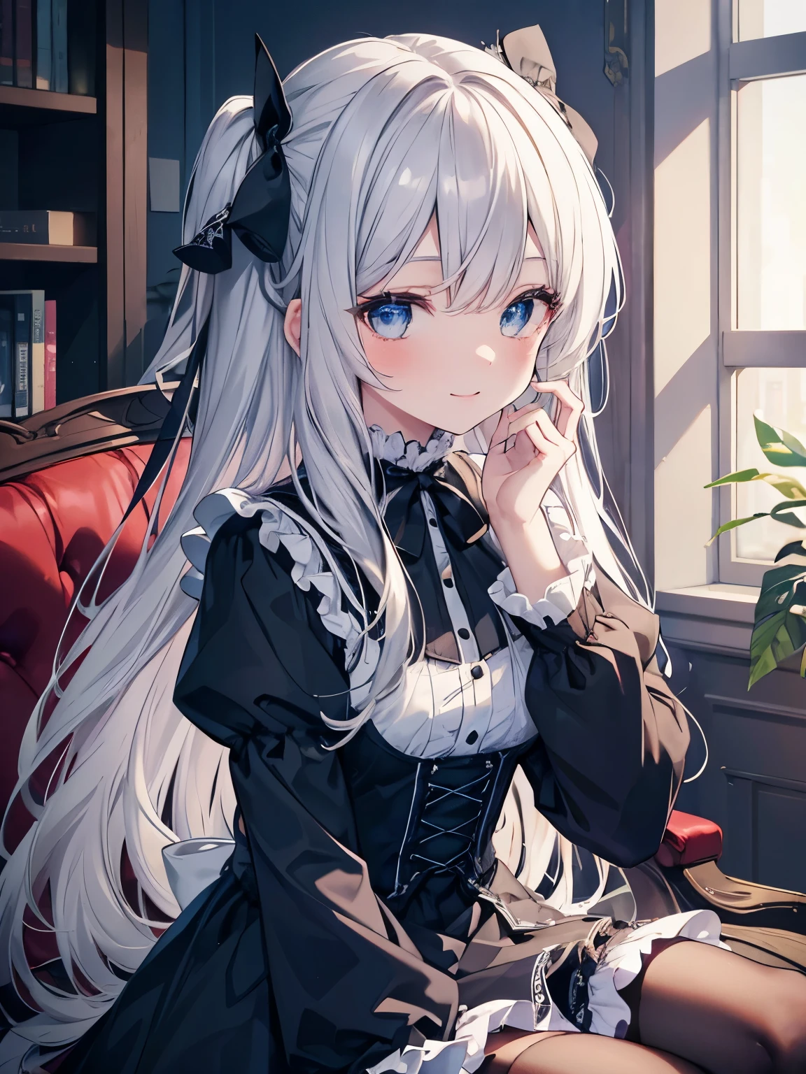 table top, highest quality, (perfect face:1.1), (high detail:1.1), (very detailed目), dramatic, Ultra-fine illustration, very detailed, 1 girl, ager,(white skin), long gray hair, mysterious eyes, blue eyes,blush,alone,smile, Happy, smile, enjoy, open your mouth, swollen lips,cinematic lighting,Upper body,look up,long sleeve, Gothic Lolifrills, ribbon,knee high socks,indoor,living room,night,leaning forward,put your hand on your waist