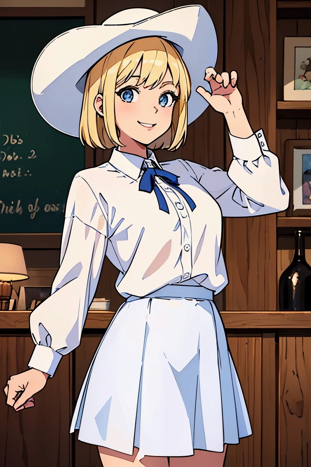 (Best quality:1.1), (Masterpiece:1.4), (Illustration fantastique:1.2), 1fille, cute girl, cowgirl, White shirt, short skirt, Blond hair, cowboy hat, Wide smile, cowboy