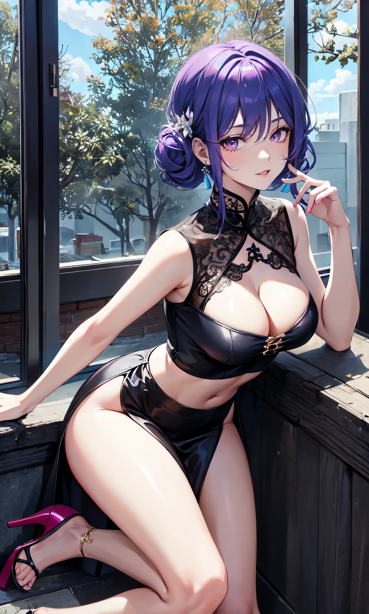 The city outside the window,(blue purple hair:2.0),head clamp,big clip on head,Delicately tied up short hair,Standing close-up,dream world,Mature lady,(Slender gray-white red phoenix eyes,pink lipstick,long eyelashes),long eyelashes,Contact lenses,earrings,curly bangs,(Light blue gauze,Lace low-cut midriff-baring cheongsam,High slit cheongsam dress:2.0),(big breast)(soft light and shadow:1.9),leg rings,绑着刀的leg rings,old style high heels,black stokings,Detailedly drawn backgrounds